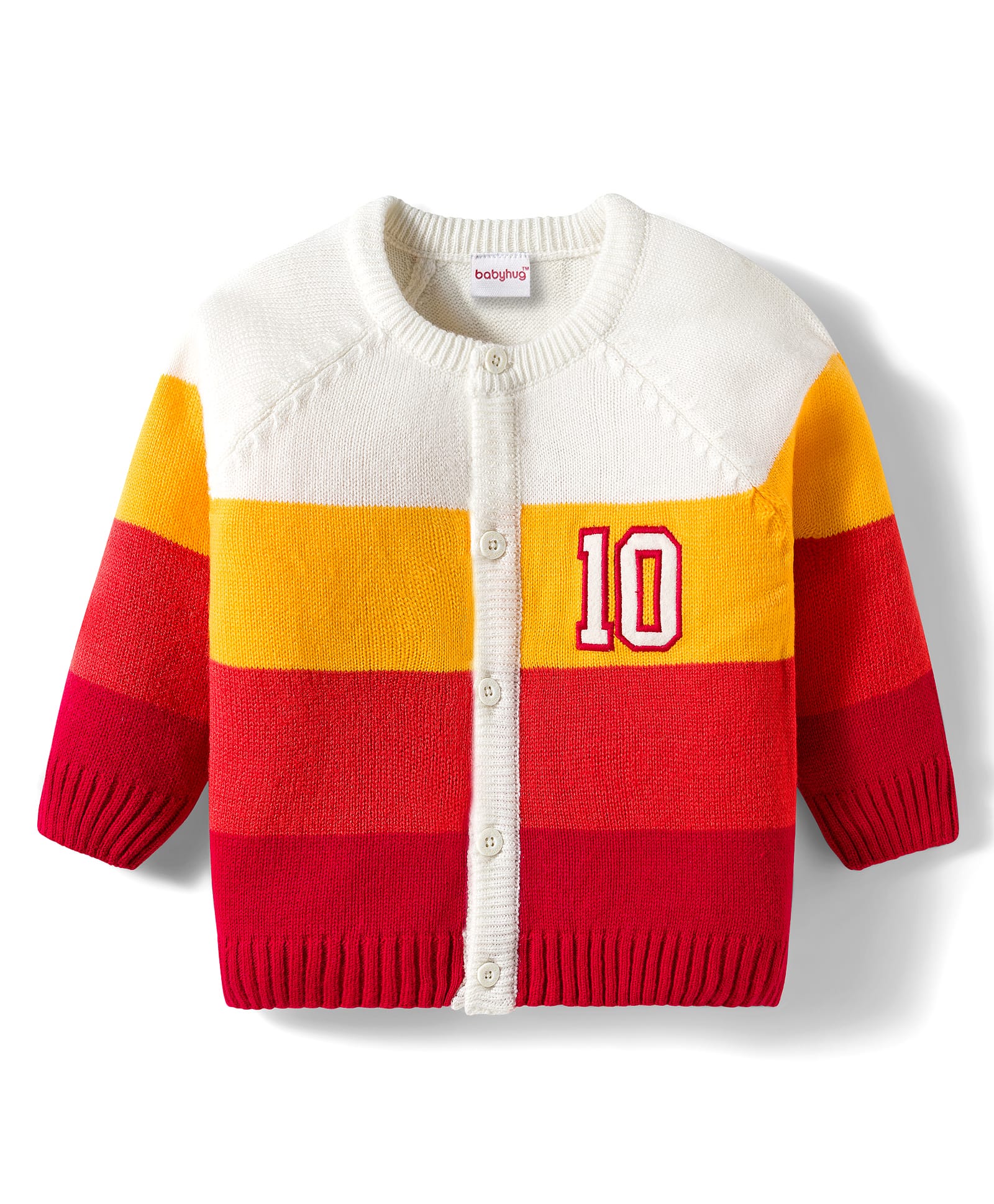 Babyhug Knit Full Raglan Sleeves Front Open Sweater with Stripes - Red & White-picture-18