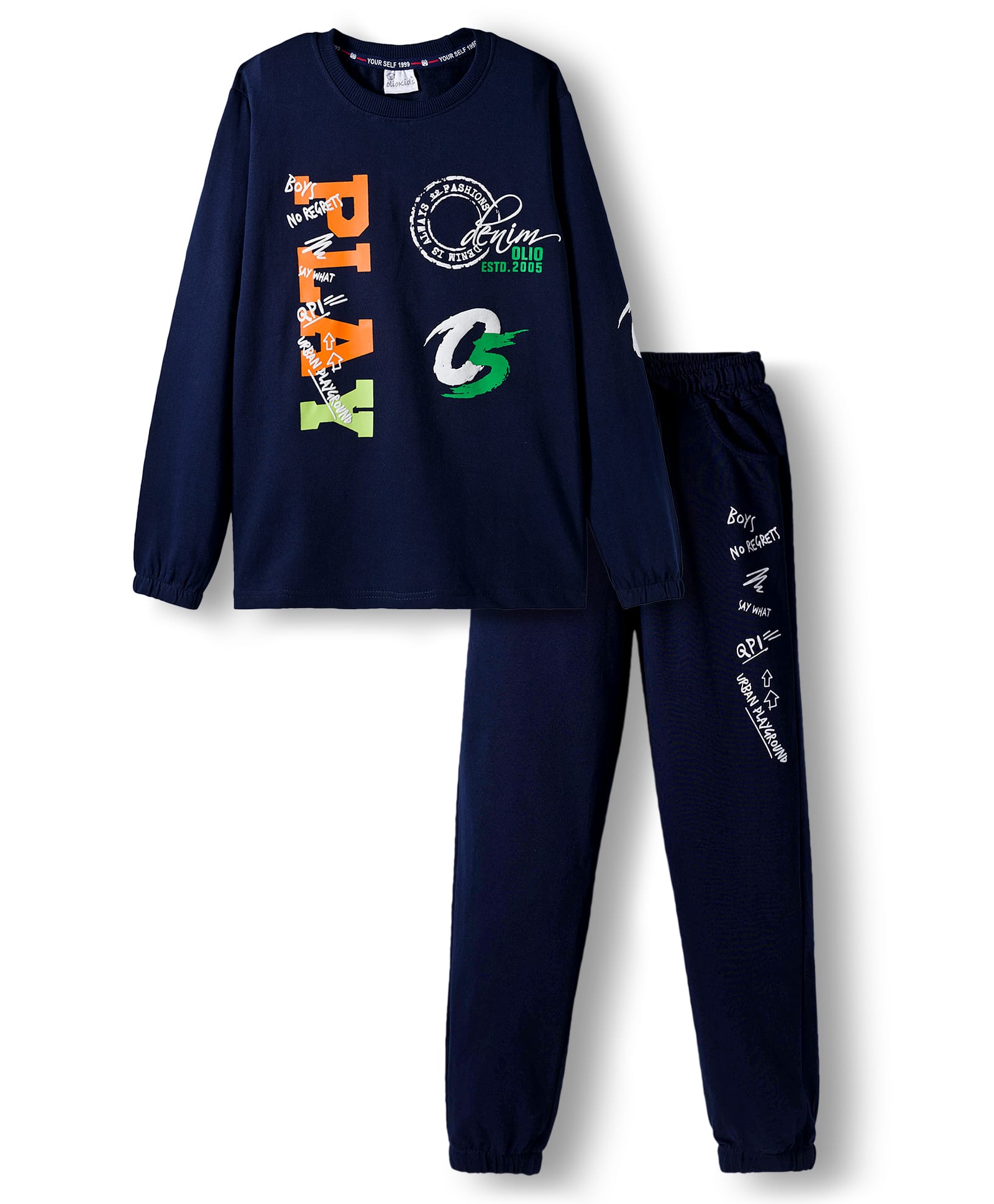Olio Kids Looper Knit Full Sleeves Winter Wear Sweatshirt & Jogger Set with Play Text Print - Royal Blue-image-27