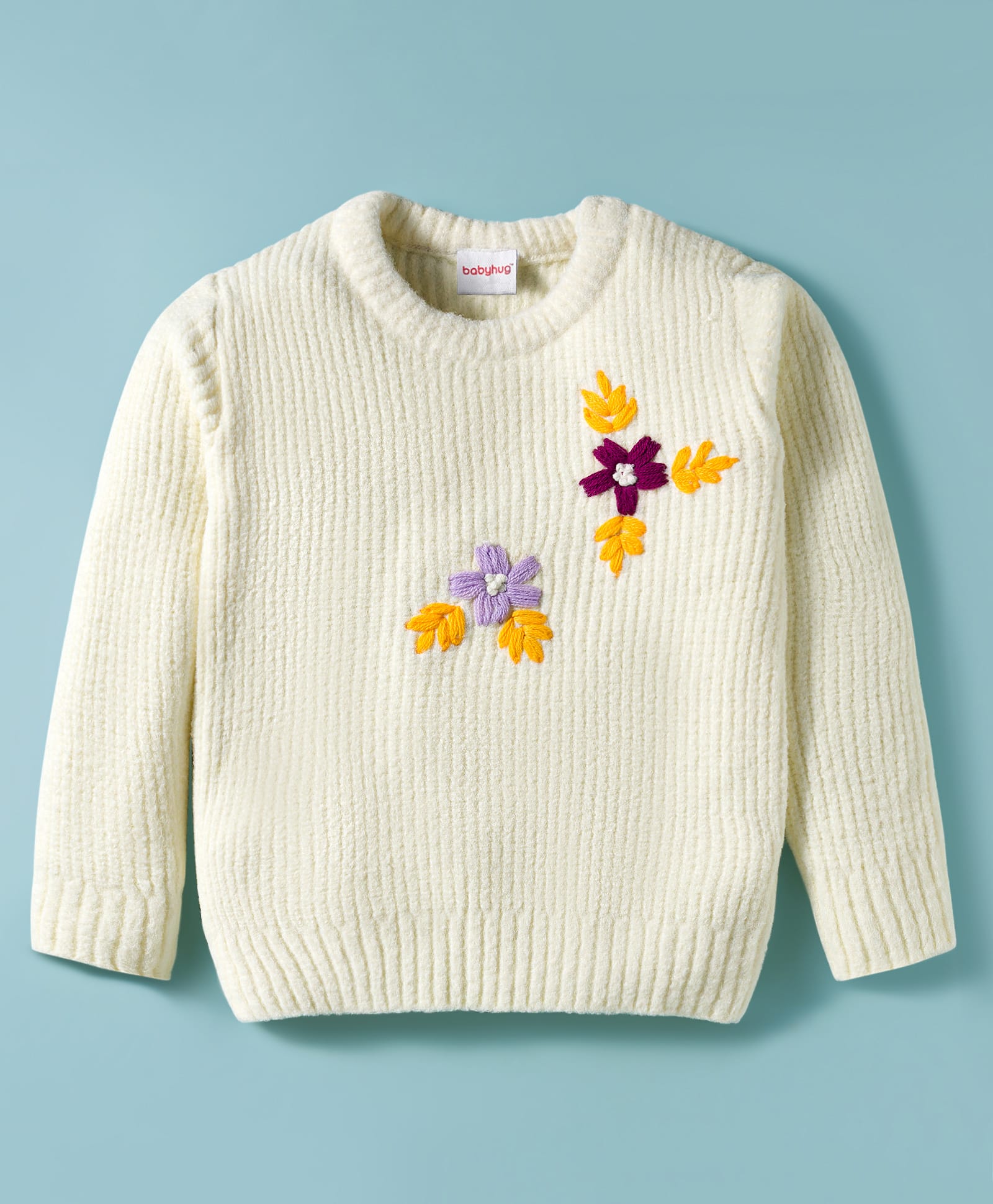 Babyhug Knitted Full Sleeves Pullover Sweater With Floral Embroidery - Off White-picture-35