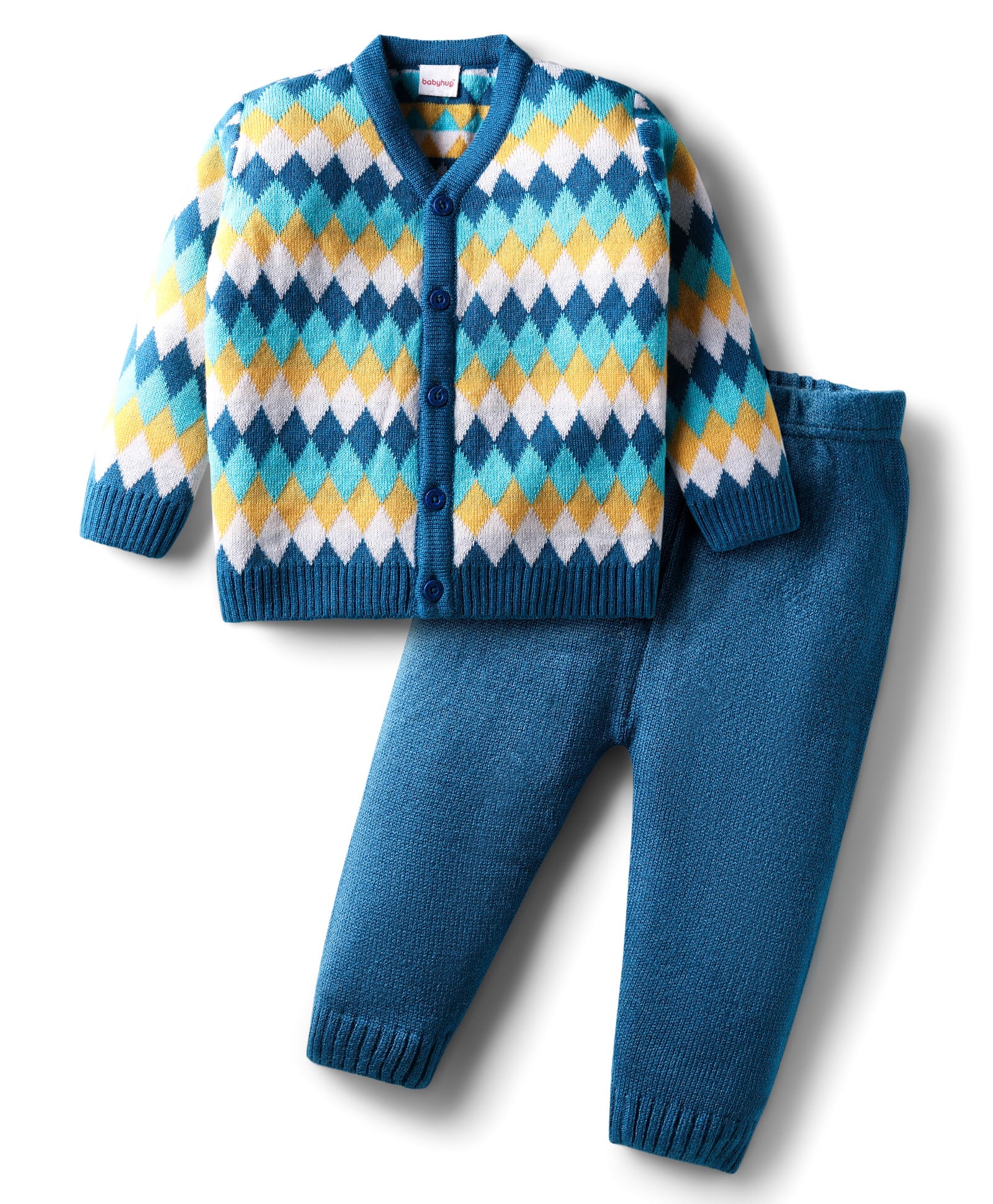 Babyhug Knit Full Sleeves Front Open Sweater Set with Diamond Design - Blue-image-11