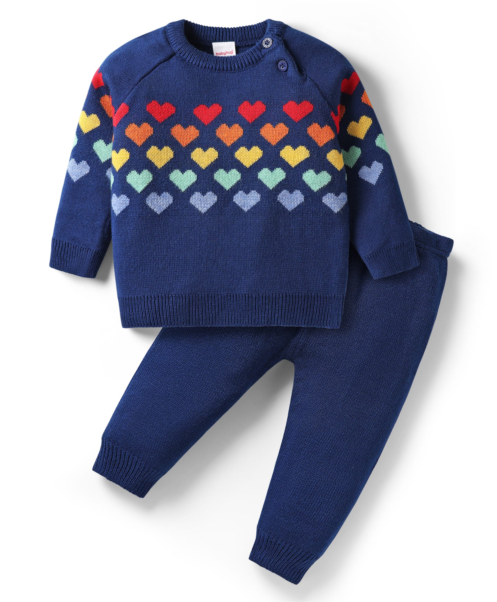 Babyhug Knitted Full Raglan Sleeves Pullover Sweater Set With Heart Design - Navy Blue-image-37
