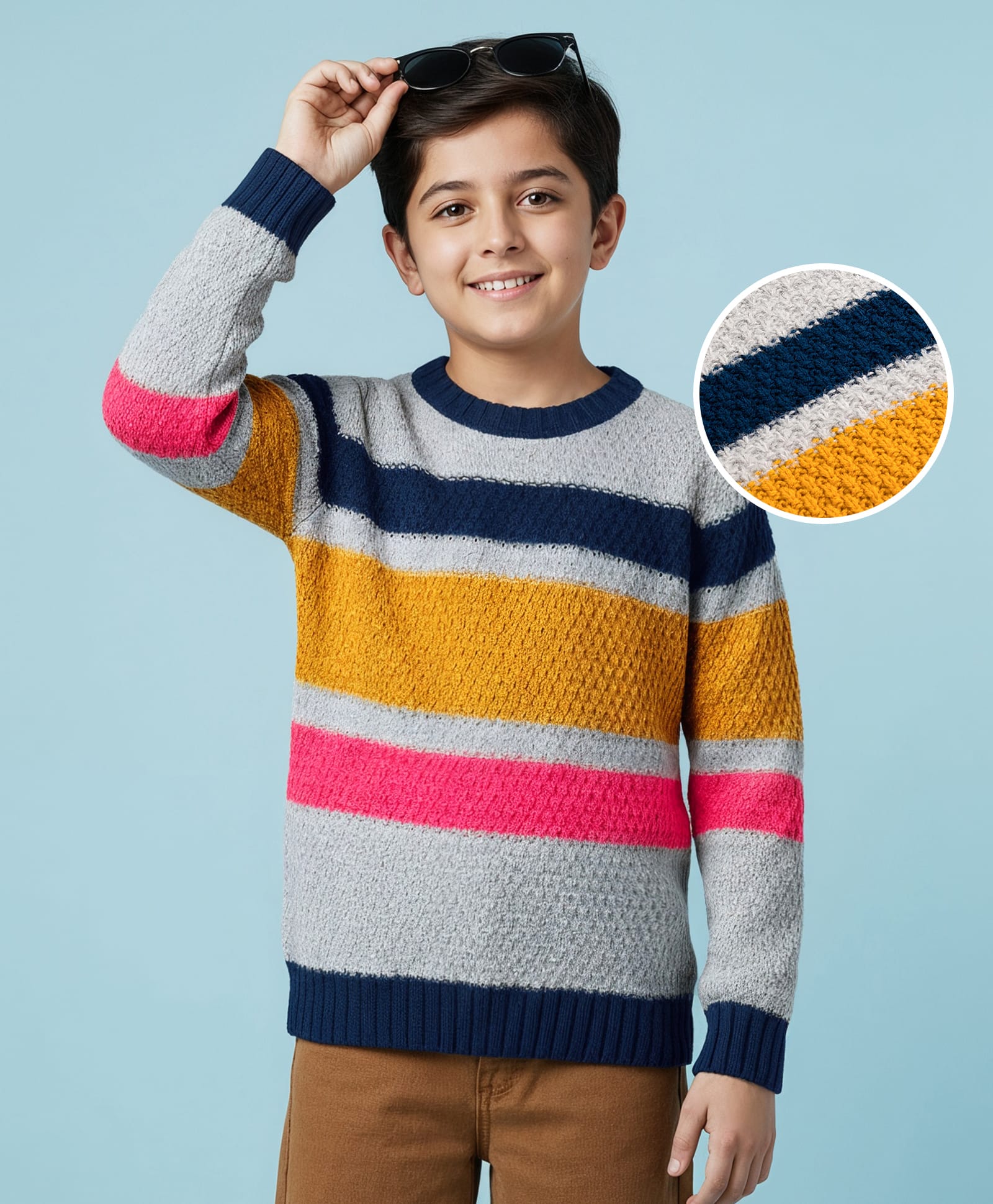 Pine Kids Knit Full Sleeves Pullover Sweater with Stripes Design - White-picture-37