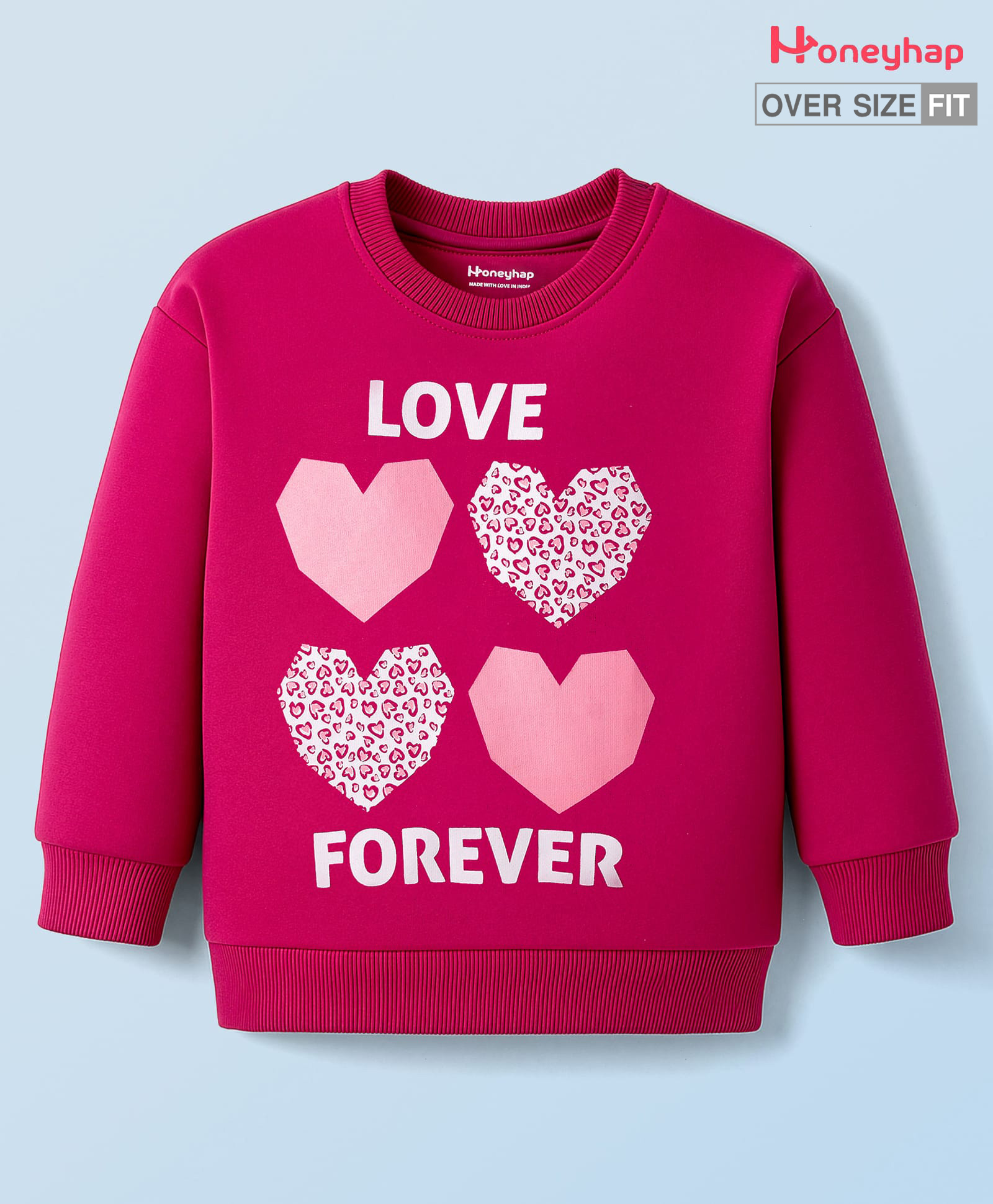 Honeyhap Premium 100% Cotton Knit Full Sleeves Sweatshirt With Heart Print & Bio Finish - Cerise-picture-33