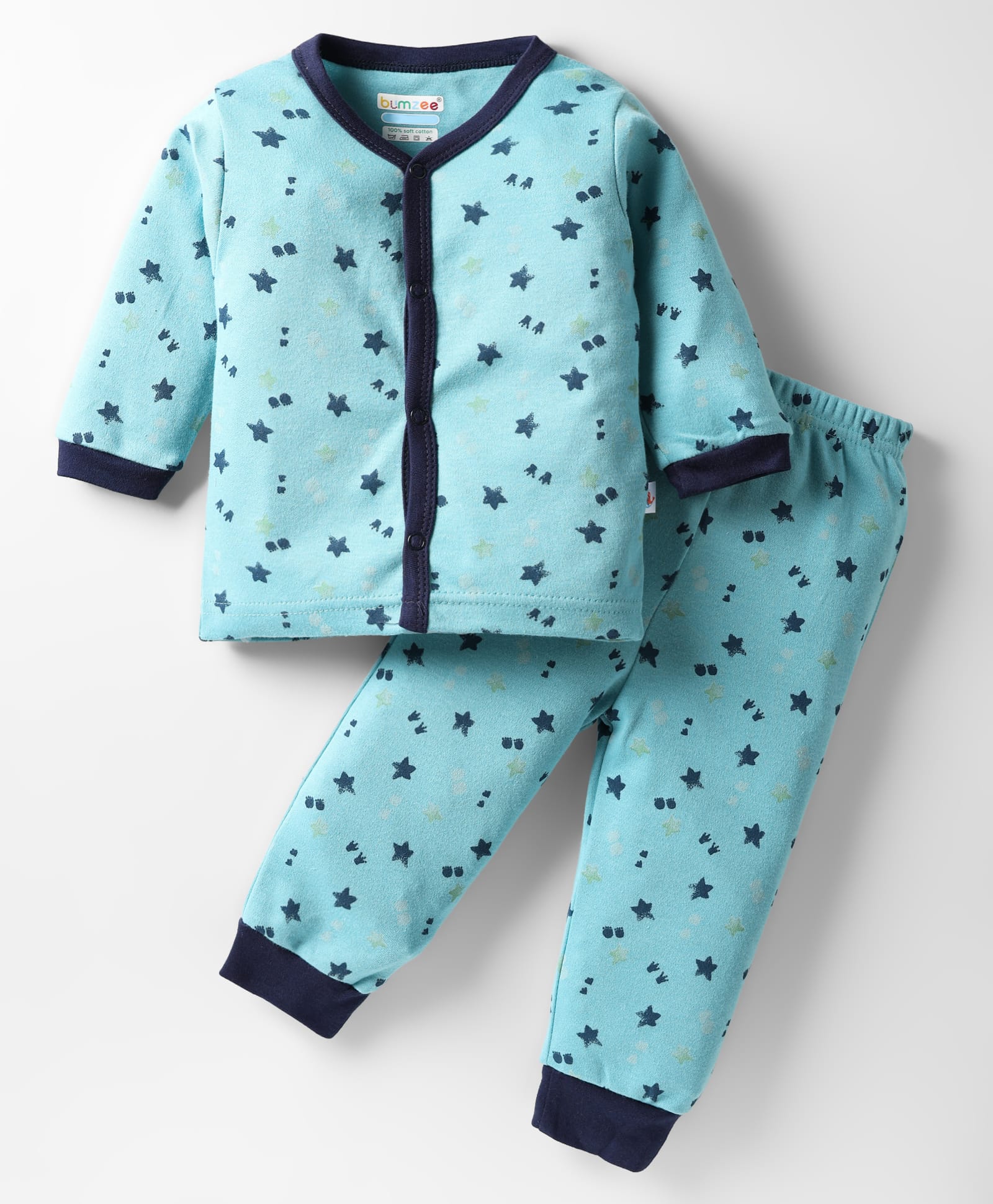 BUMZEE Cotton Knit Full Sleeves Front Open Star Printed Co-Ords Night Suit - Blue-picture-7