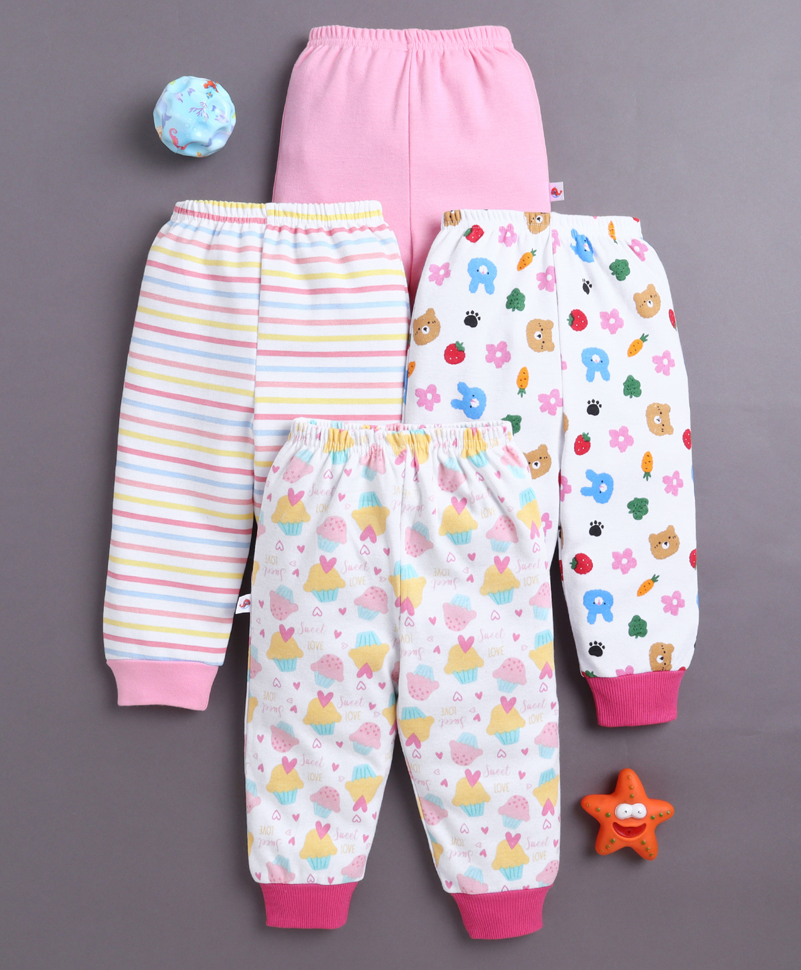 BUMZEE Cotton Knit Full Length Lounge Pants with Stripes & Animal Print Pack of 4 - Light Pink & White-picture-17