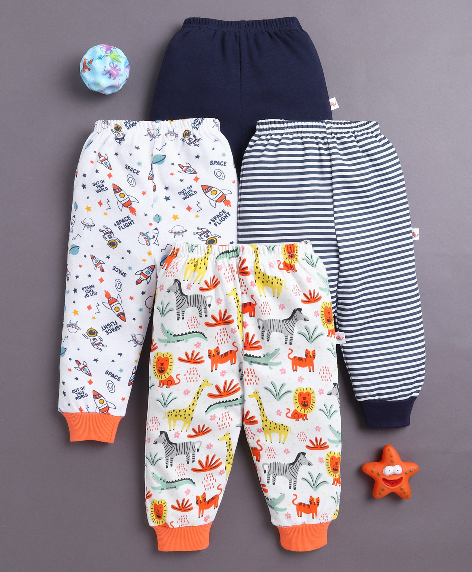 BUMZEE Cotton Knit Full Length Lounge Pants with Stripes & Space Animal Print Pack of 4 - White & Navy Blue-picture-29