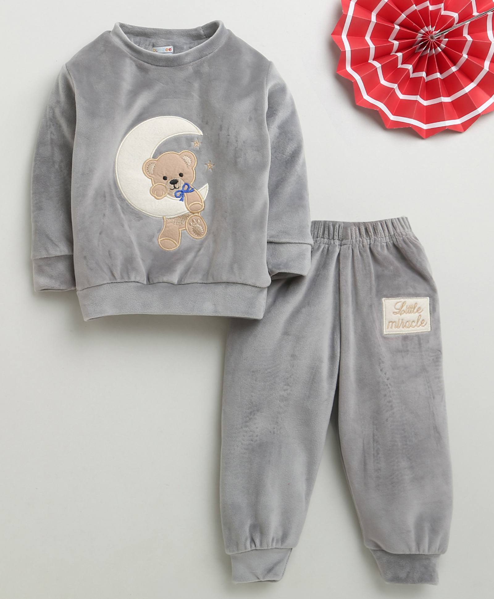 Bumzee Velvet Knit Full Sleeves Winter Wear T-shirt & Lounge Pant Set With Bear Embroidery - Grey-image-1