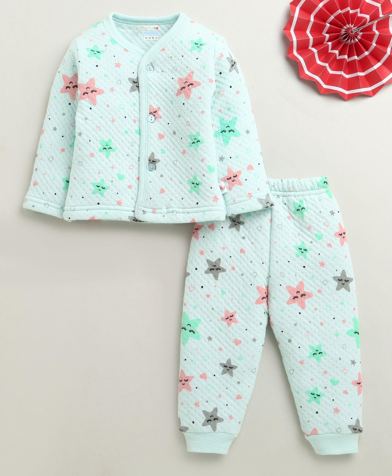 Bumzee Knit Full Sleeves Winter Wear Front Open T-Shirt & Lounge Pant Co-Ord Set With Star Print - Mint Green-image-34