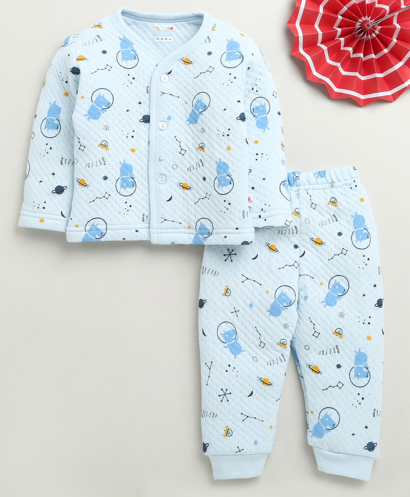Bumzee Knit Full Sleeves Winter Wear Front Open T-Shirt & Lounge Pant Co-Ord Set With Space Theme Print - Light Blue-image-12