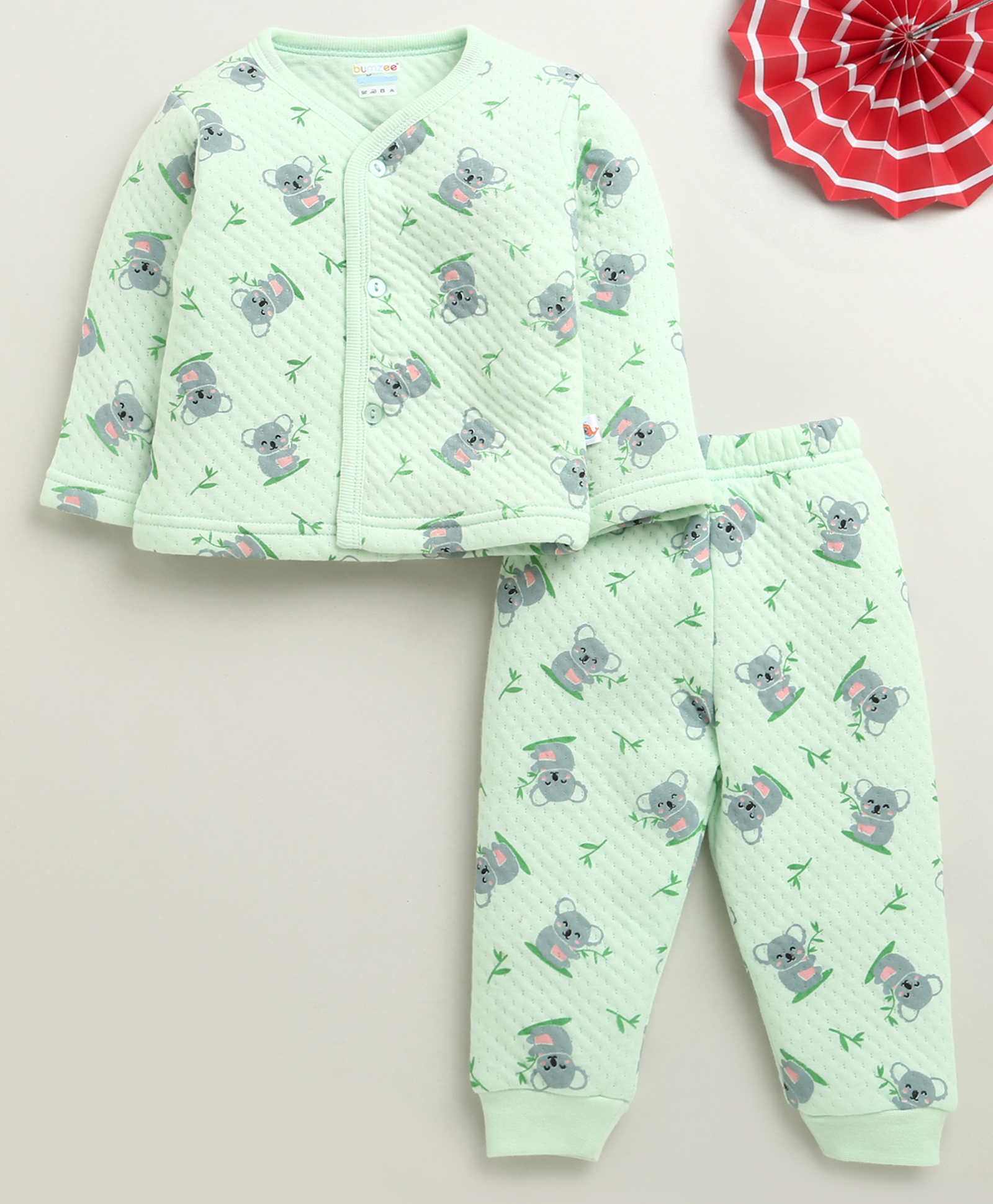 Bumzee Knit Full Sleeves Winter Wear Front Open T-Shirt & Lounge Pant Co-Ord Set With Koala Print - Light Green-image-49