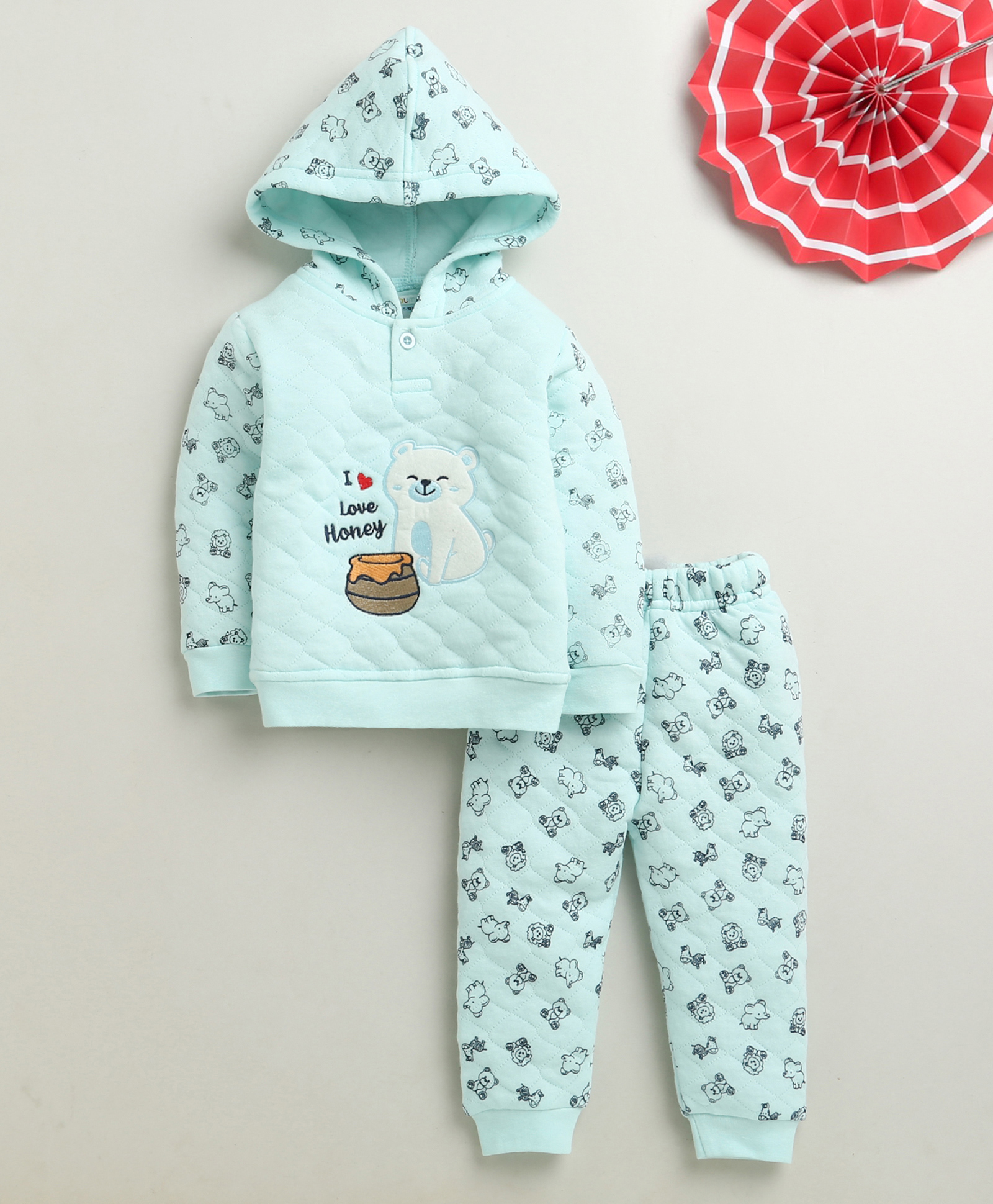 Bumzee Knit Full Sleeves Hooded Winter Wear Set With Bear Print & Embroidery - Aqua Blue-image-42