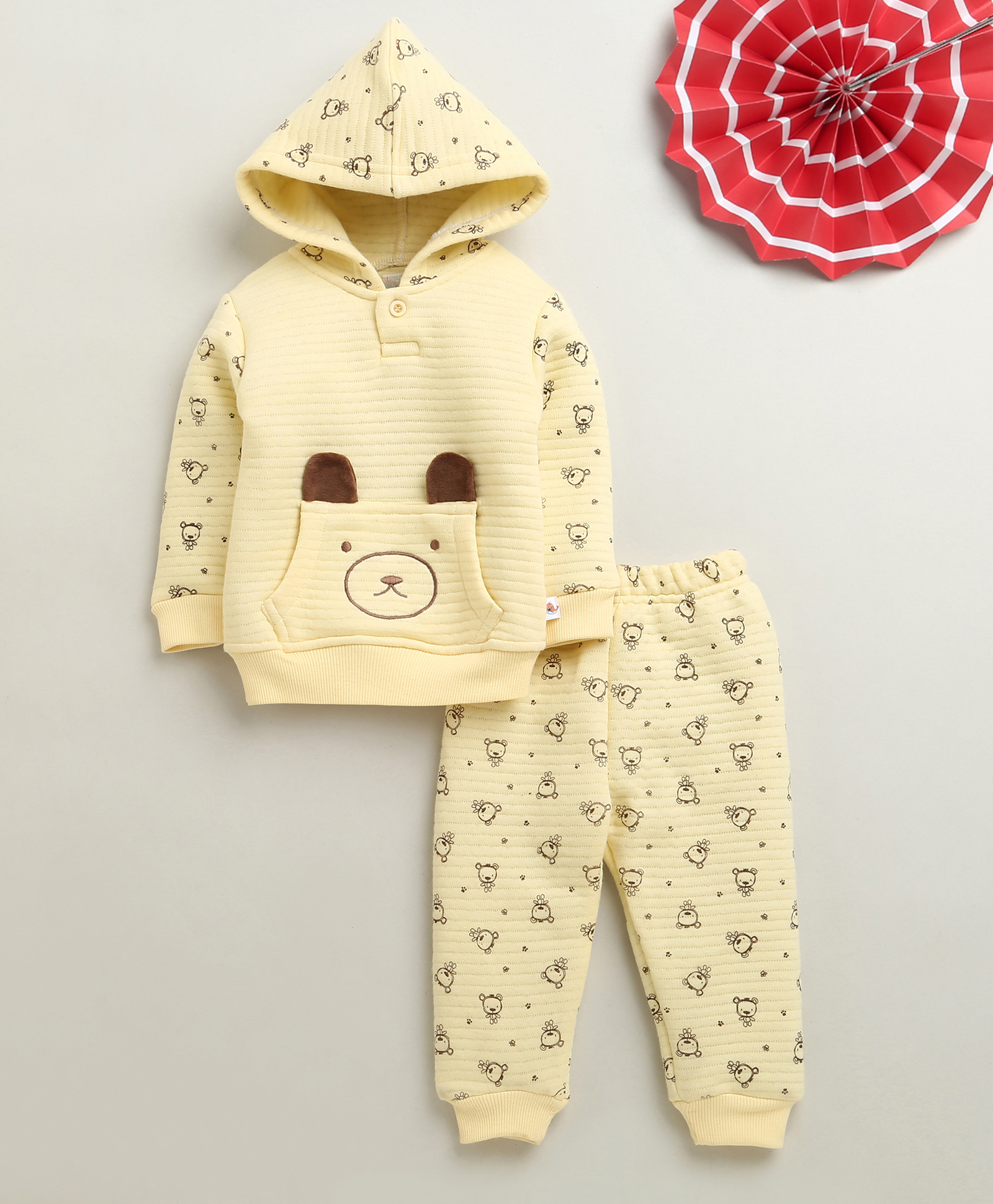 Bumzee Knit Full Sleeves Hooded Winter Wear Set With Kangaroo Pocket Bear Print & Applique - Yellow-image-35