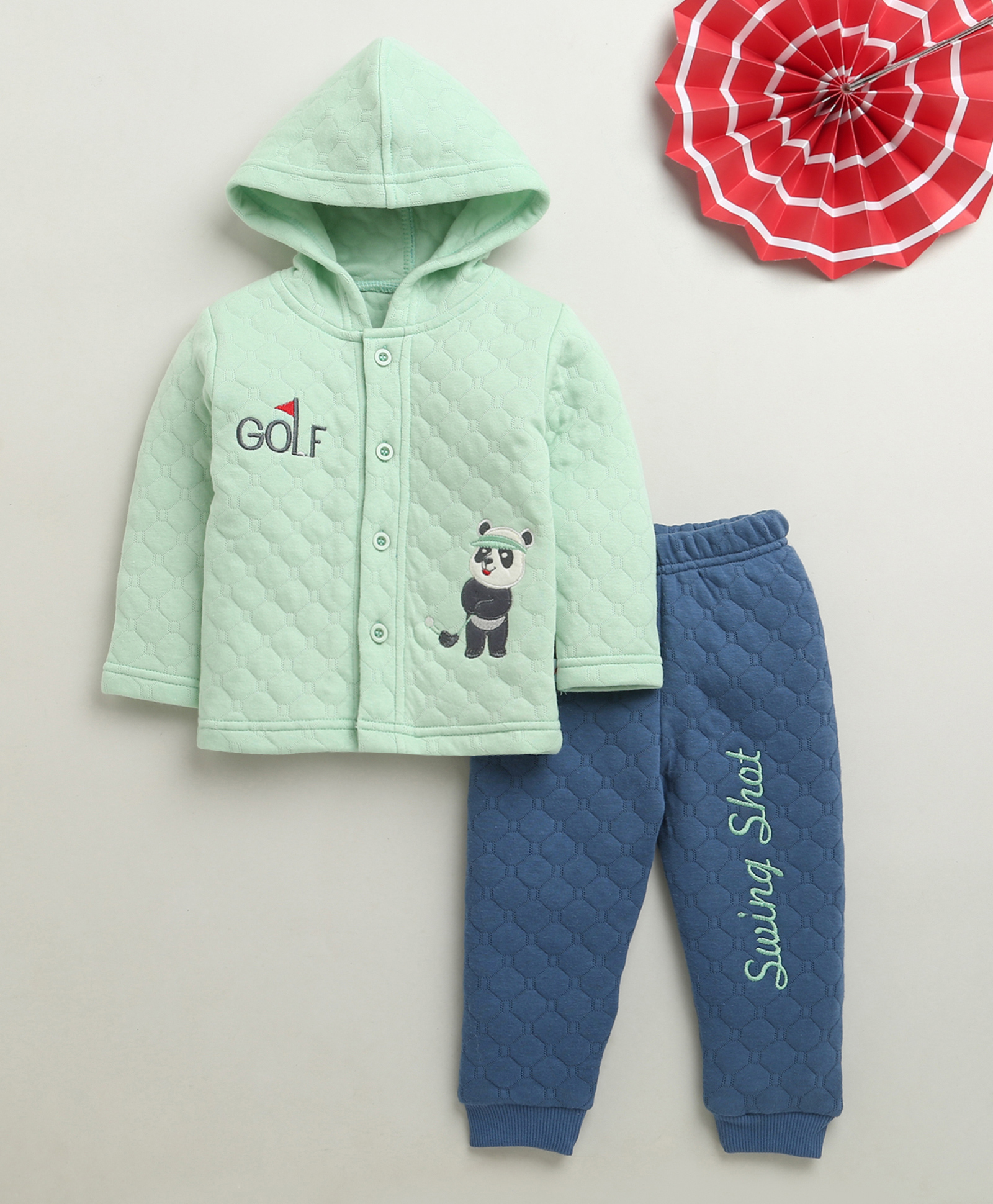 Bumzee Knit Full Sleeves Hooded Winter Wear Set with Panda & Text Print - Light Green & Navy Blue-picture-28