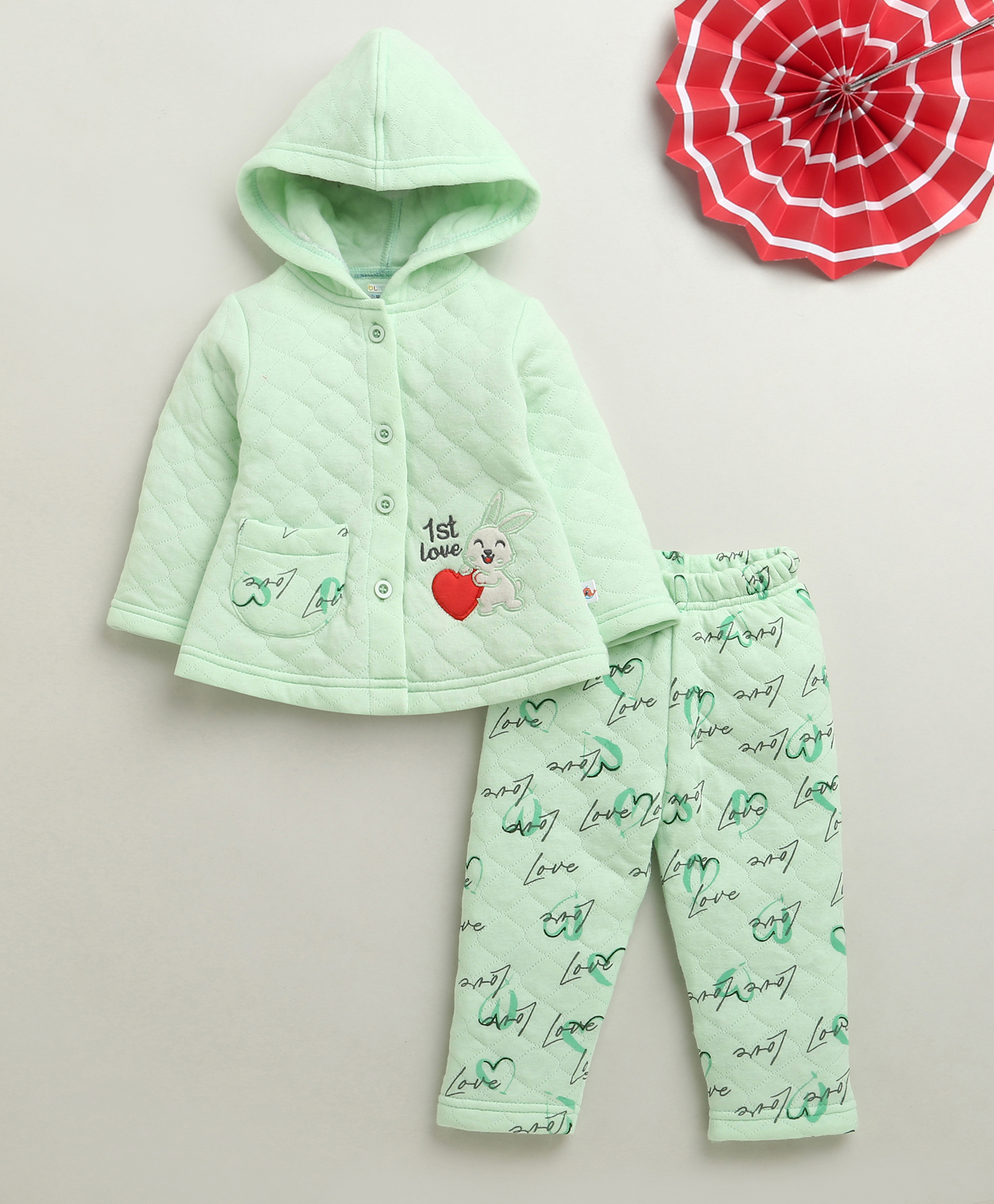 Bumzee Knit Full Sleeves Hooded Winter Wear Set With Bunny Embroidery & Love Print - Light Green-picture-26