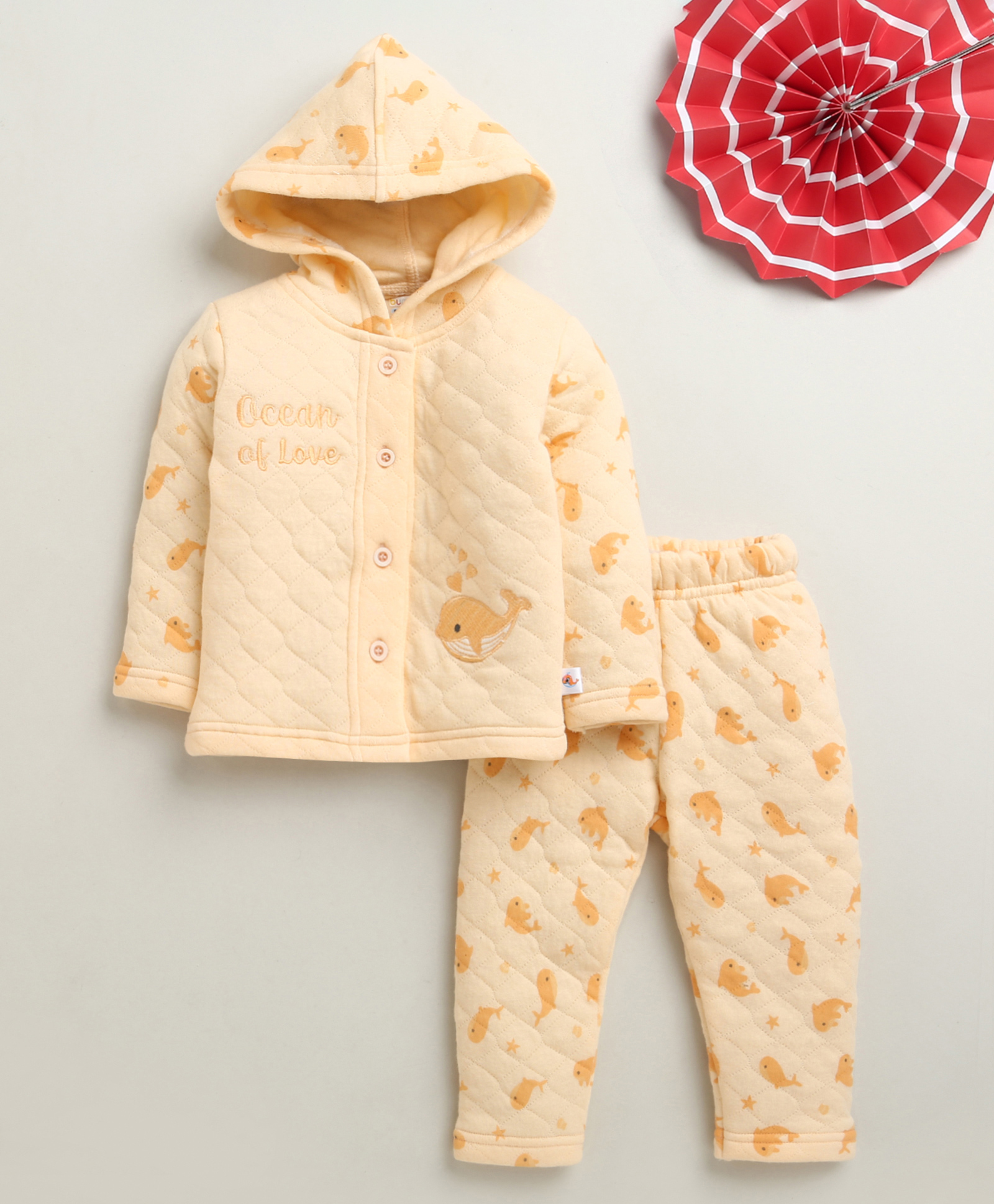 Bumzee Knit Full Sleeves Hooded Winter Wear Set With Dolphin Print - Peach-image-46