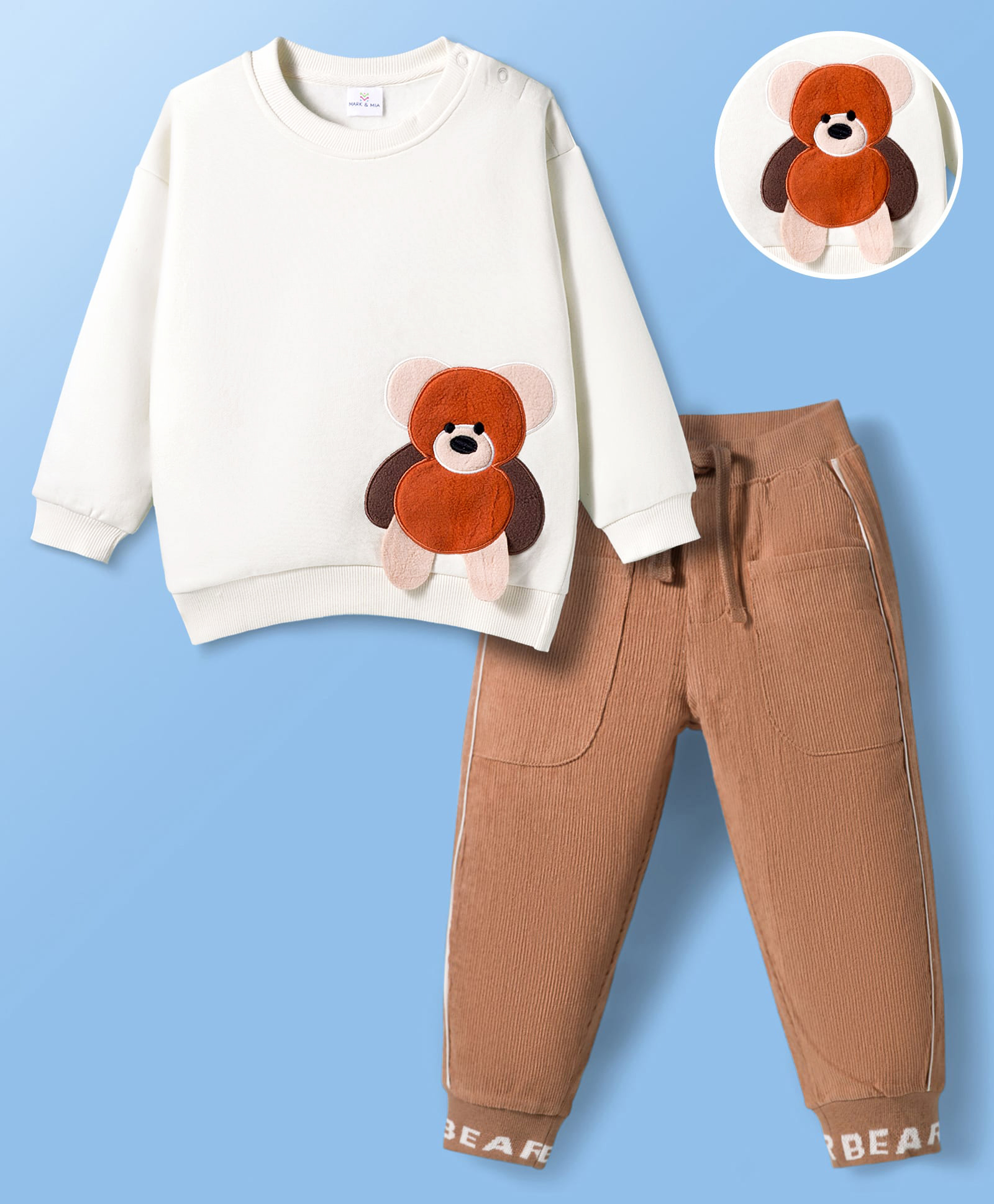 Mark & Mia Fleece Knit Full Sleeves Winter Wear Sweatshirt & Joggers Set with Bear Applique - White & Brown-picture-21