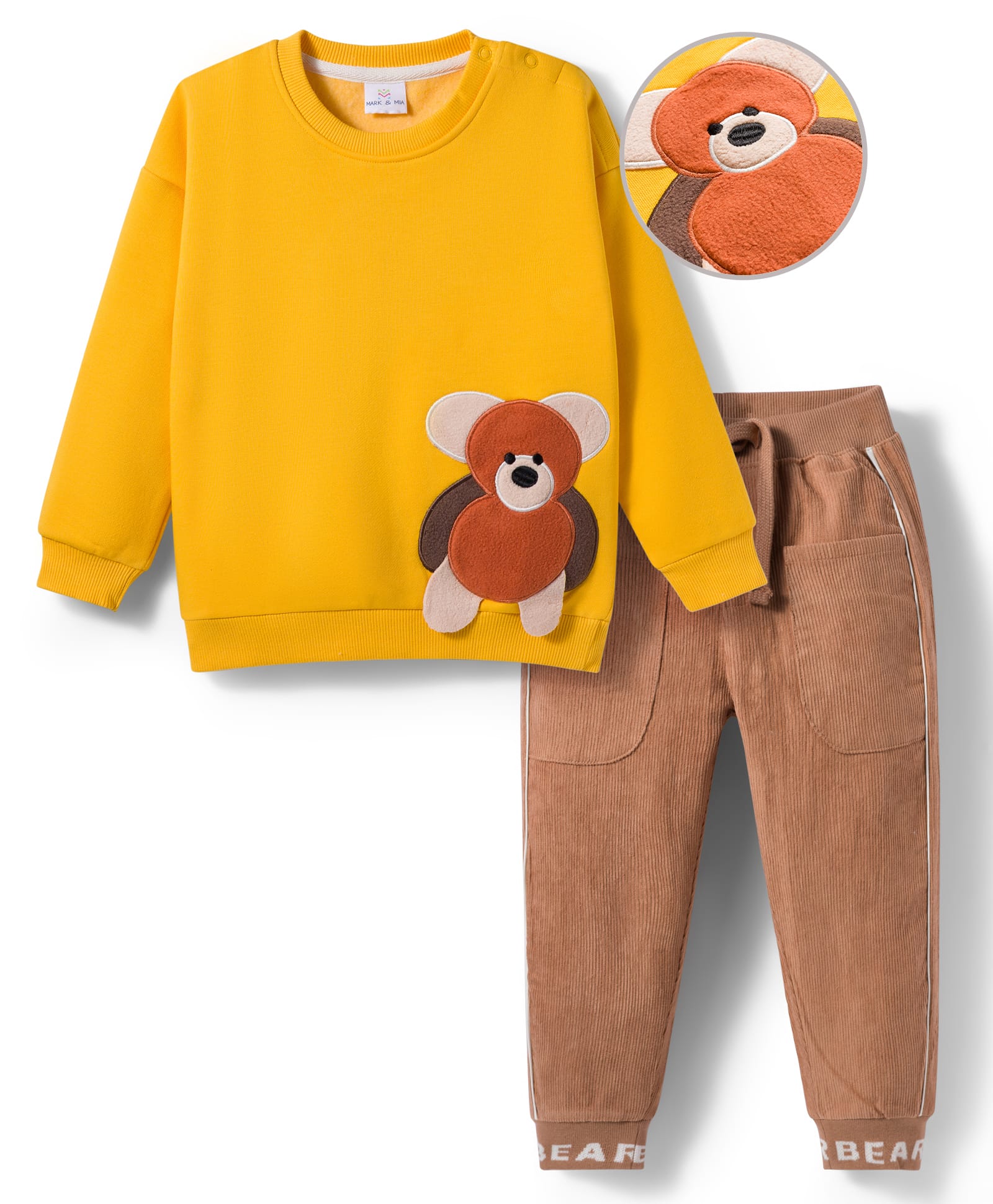 Mark & Mia Fleece Knit Full Sleeves Oversize Winter Wear Sweatshirt & Joggers Set with Bear Applique - Yellow & Brown-image-22