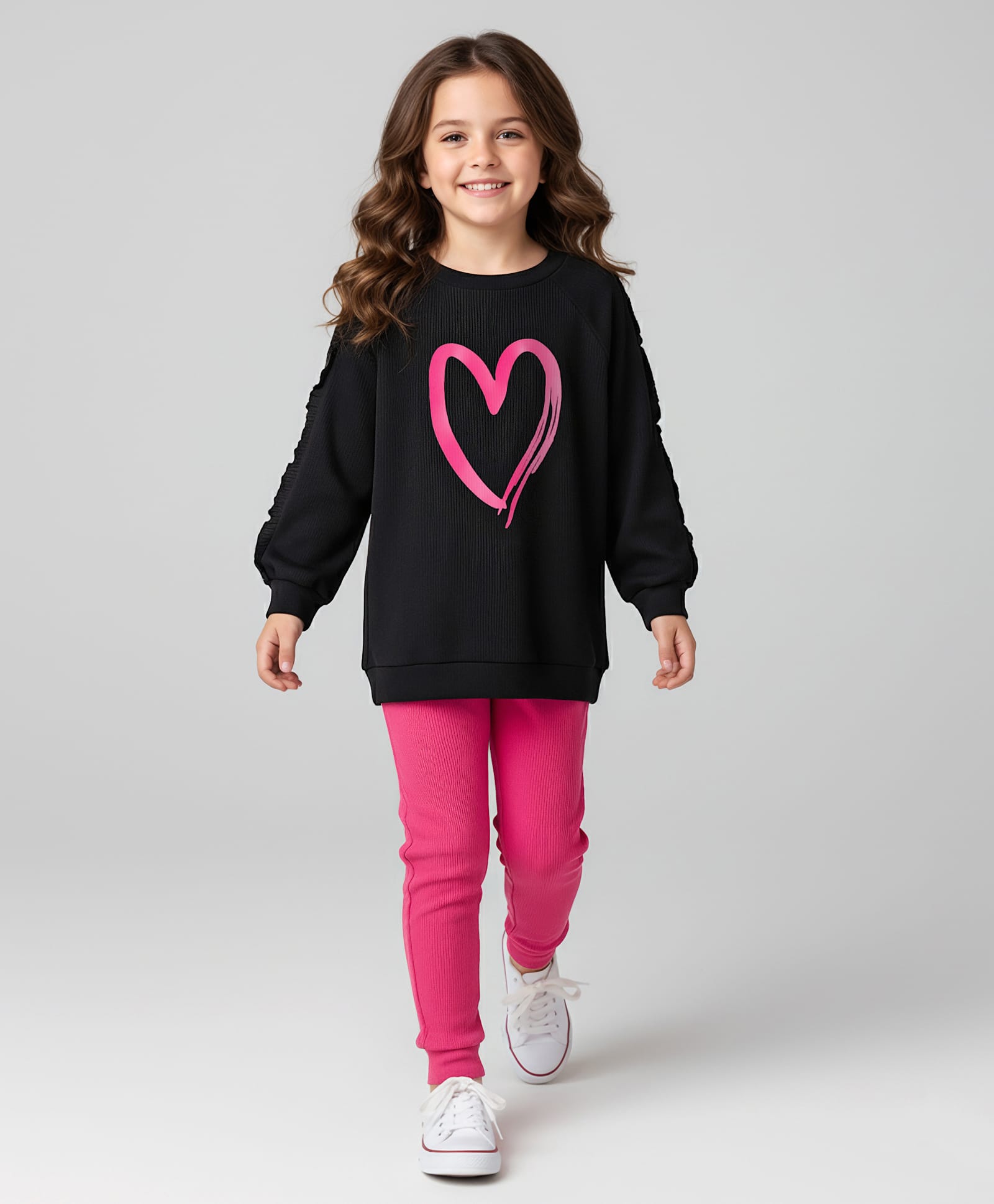 Mark & Mia Cotton Knit Full Raglan Sleeves Winter Wear Top & Lounge Pant Set with Heart Graphics and Frill Detailing - Black & Pink-picture-23