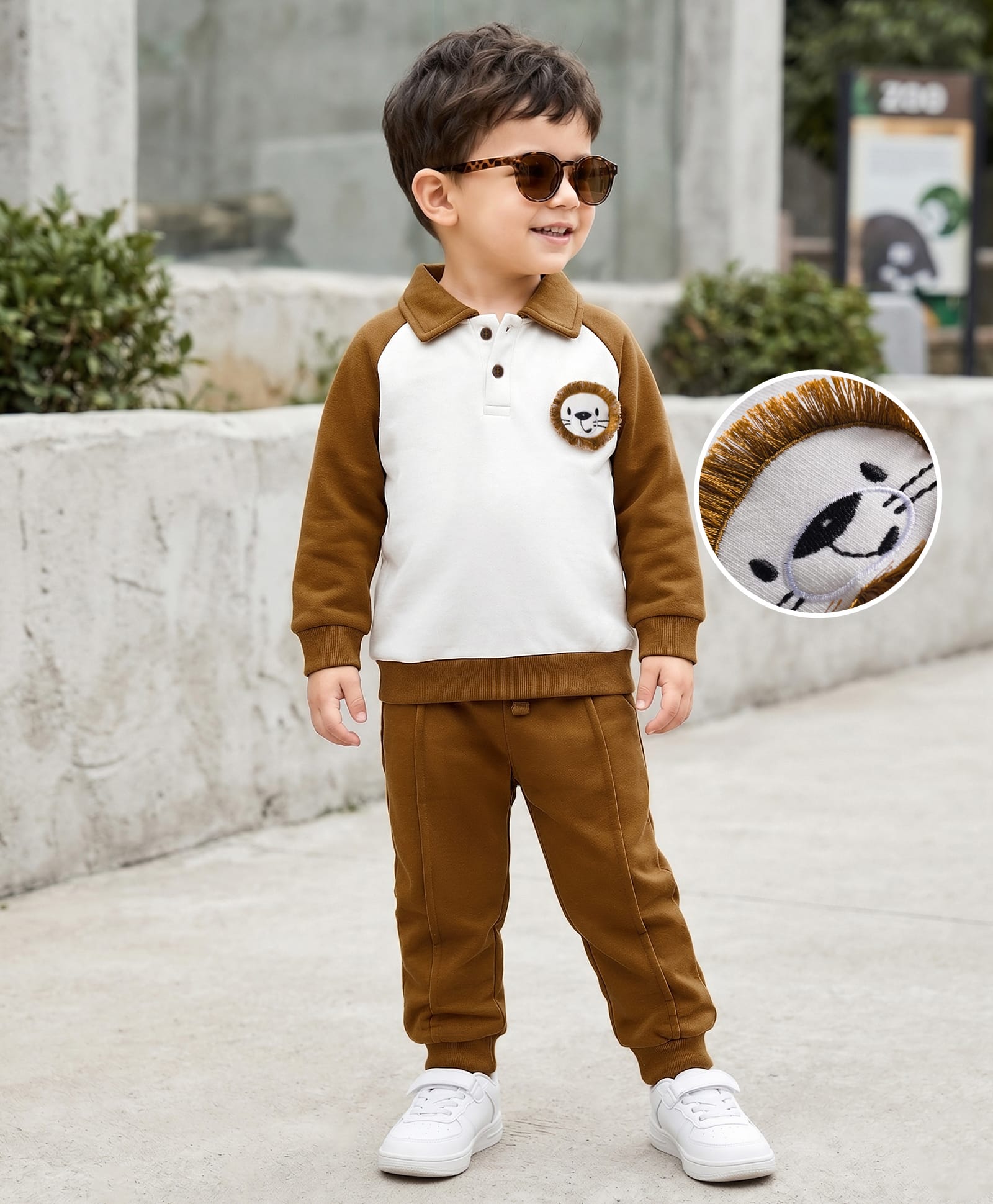 Mark & Mia Cotton Knit Full Raglan Sleeves Fleece Winter Wear Sweatshirts & Joggers Set with Lion Applique & Collar Detailing - Olive Green