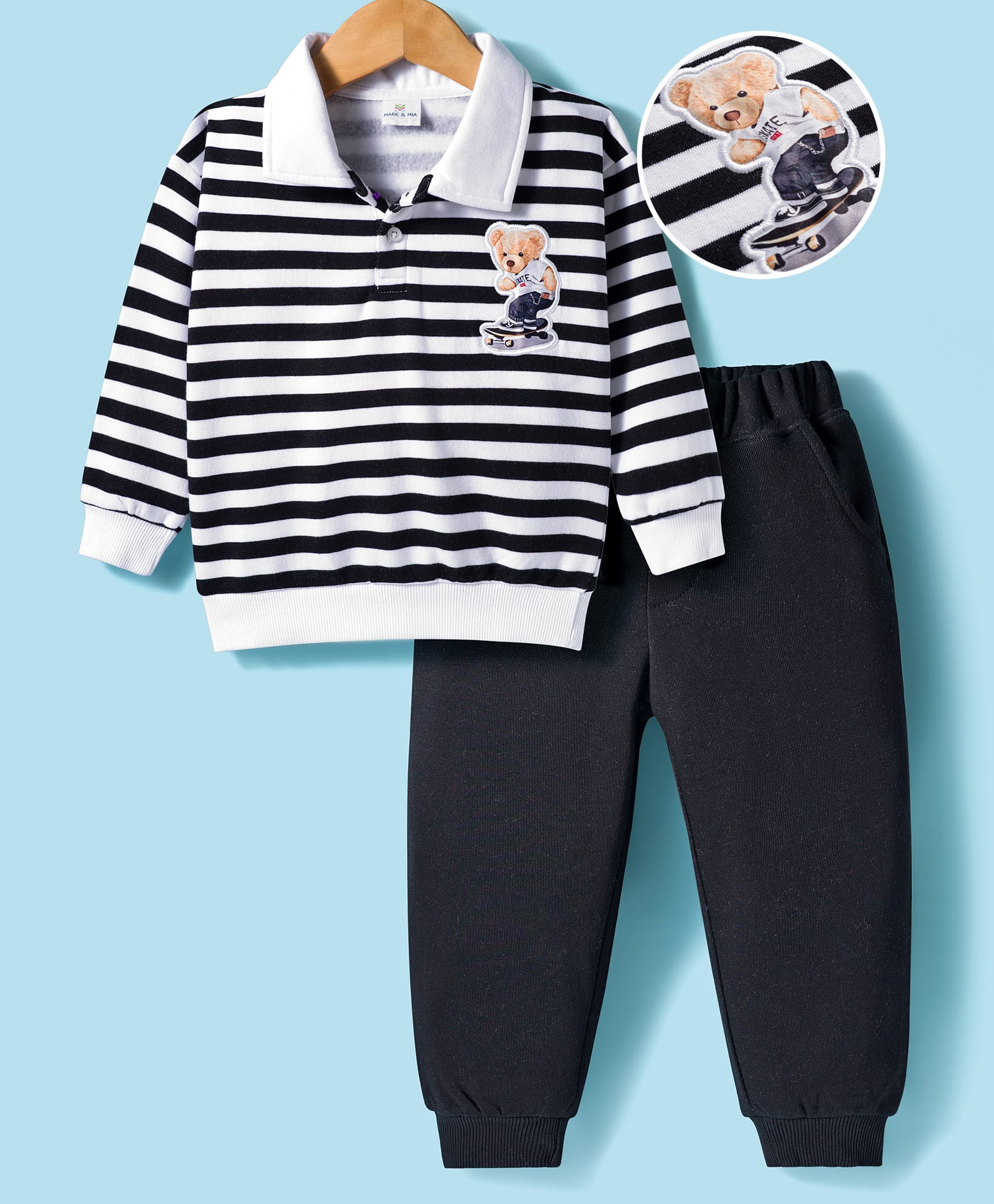 Mark & Mia Fleece Knit Full Sleeves Oversize Winter Wear Polo T-Shirt & Joggers Set with Bear Applique Stripes & Collar Detailing - Black & White-image-28