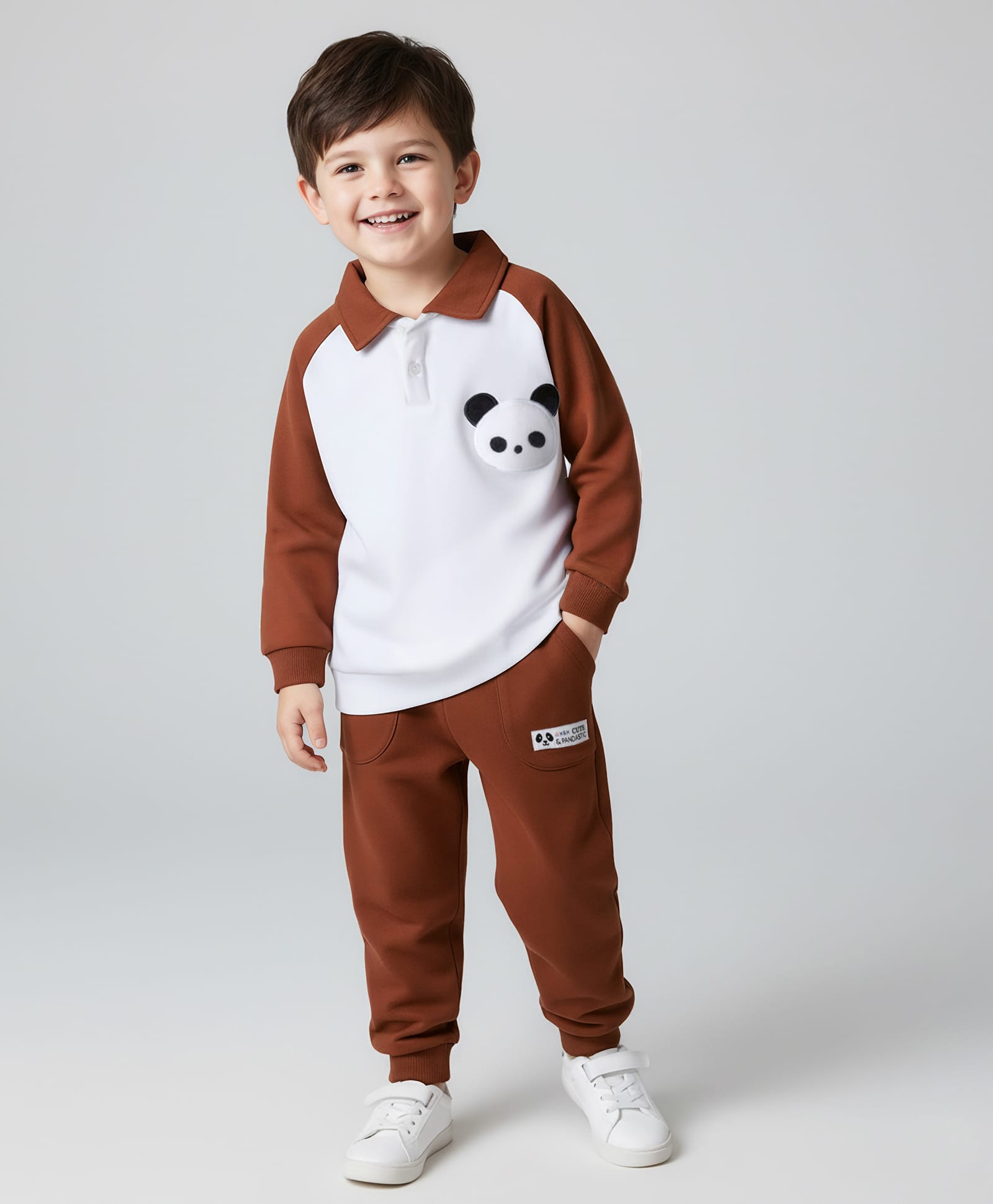 Mark & Mia Knit Full Raglan Sleeves Fleece Winter Wear T-Shirt & Lounge Pant Set With Animal Badge & Applique - Brown-image-22