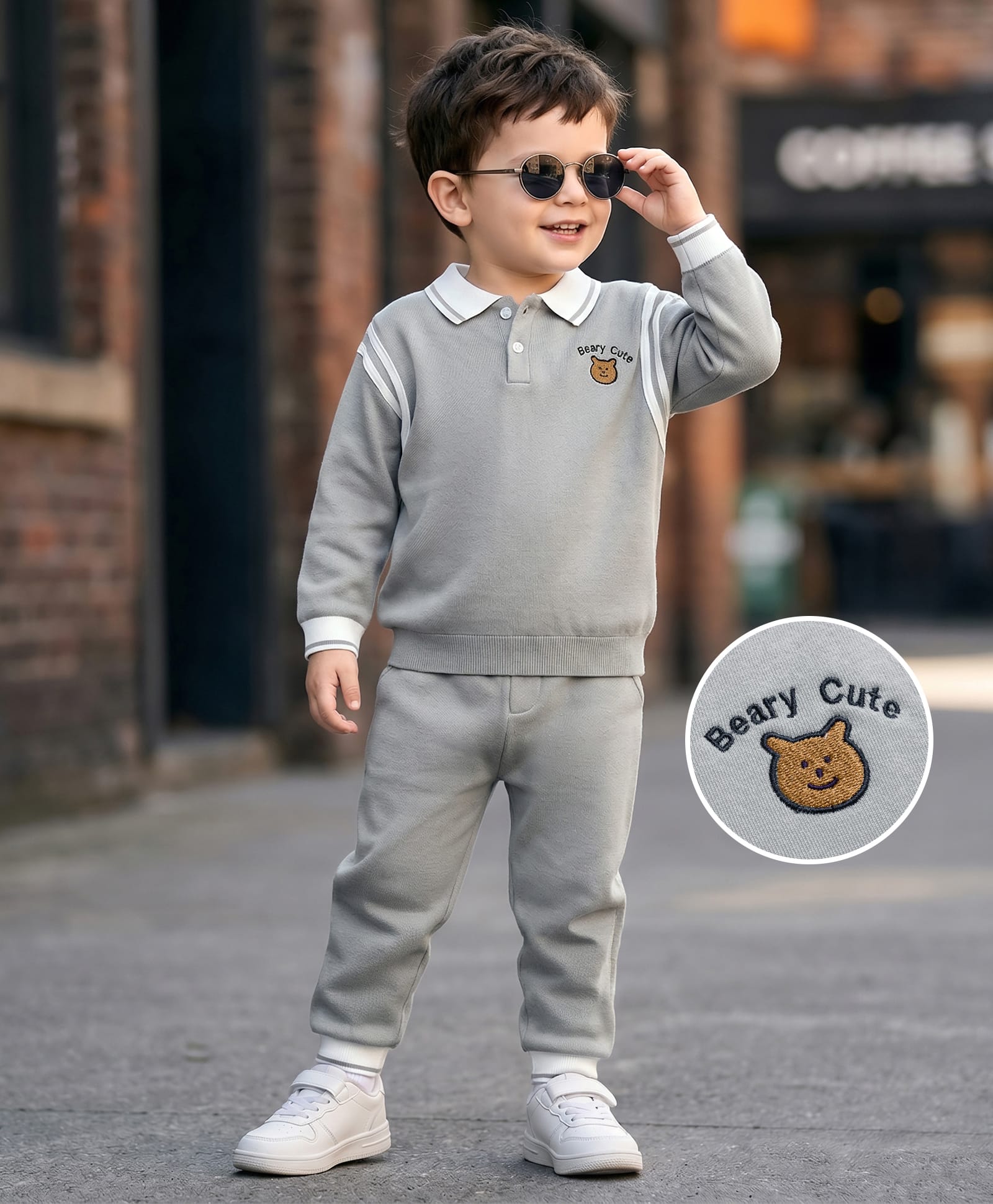 Mark & Mia Fleece Full Sleeves Winter Wear Polo T-Shirt & Joggers Set with Animal Embroidery & Tipping Rib Detailing - Grey-picture-12