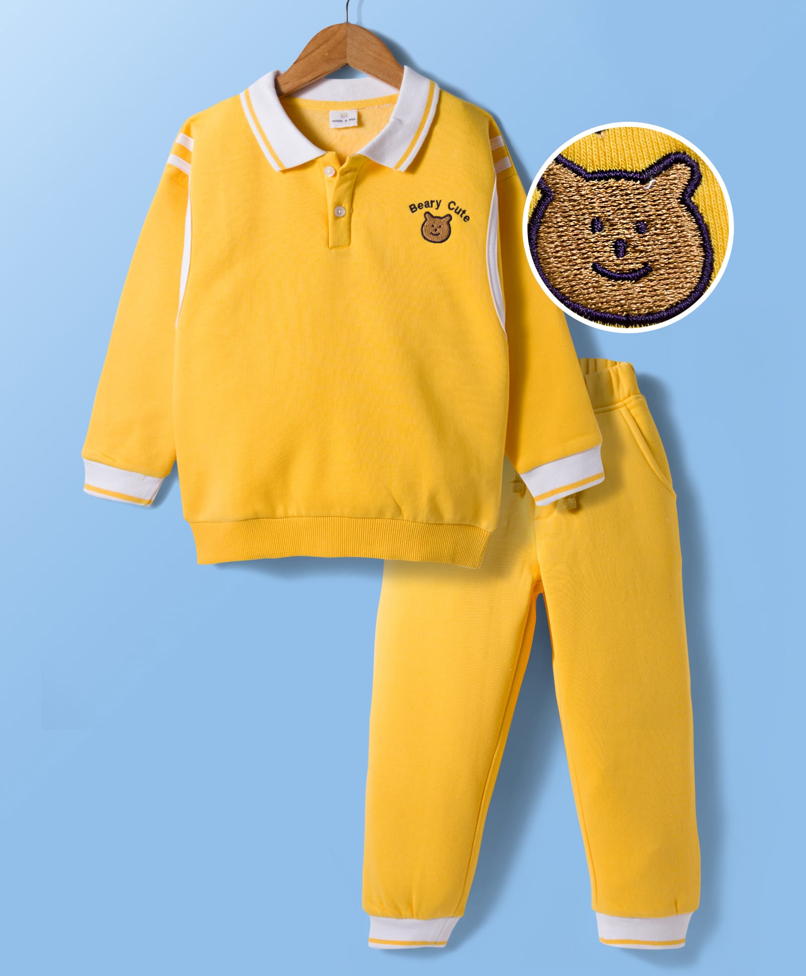 Mark & Mia Fleece Full Sleeves Winter Wear T-Shirt & Joggers Set with Tipping Rib & Bear Embroidery - Yellow-image-49