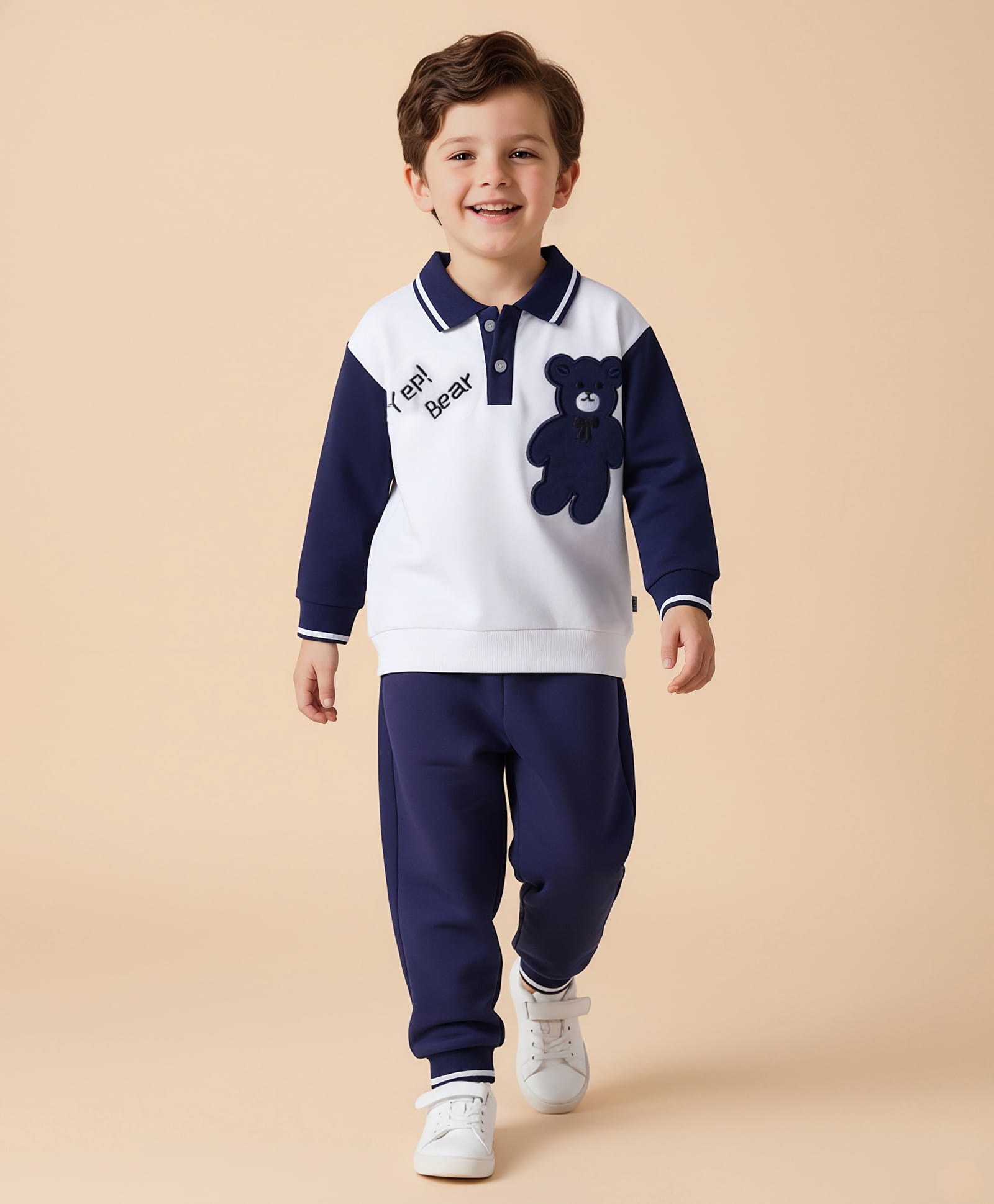Mark & Mia Fleece Knit Full Sleeves Oversize Winter Wear Polo Collar T-Shirt & Joggers Set with Bear Applique & Tipping Rib Detailing - Navy Blue & White-image-17