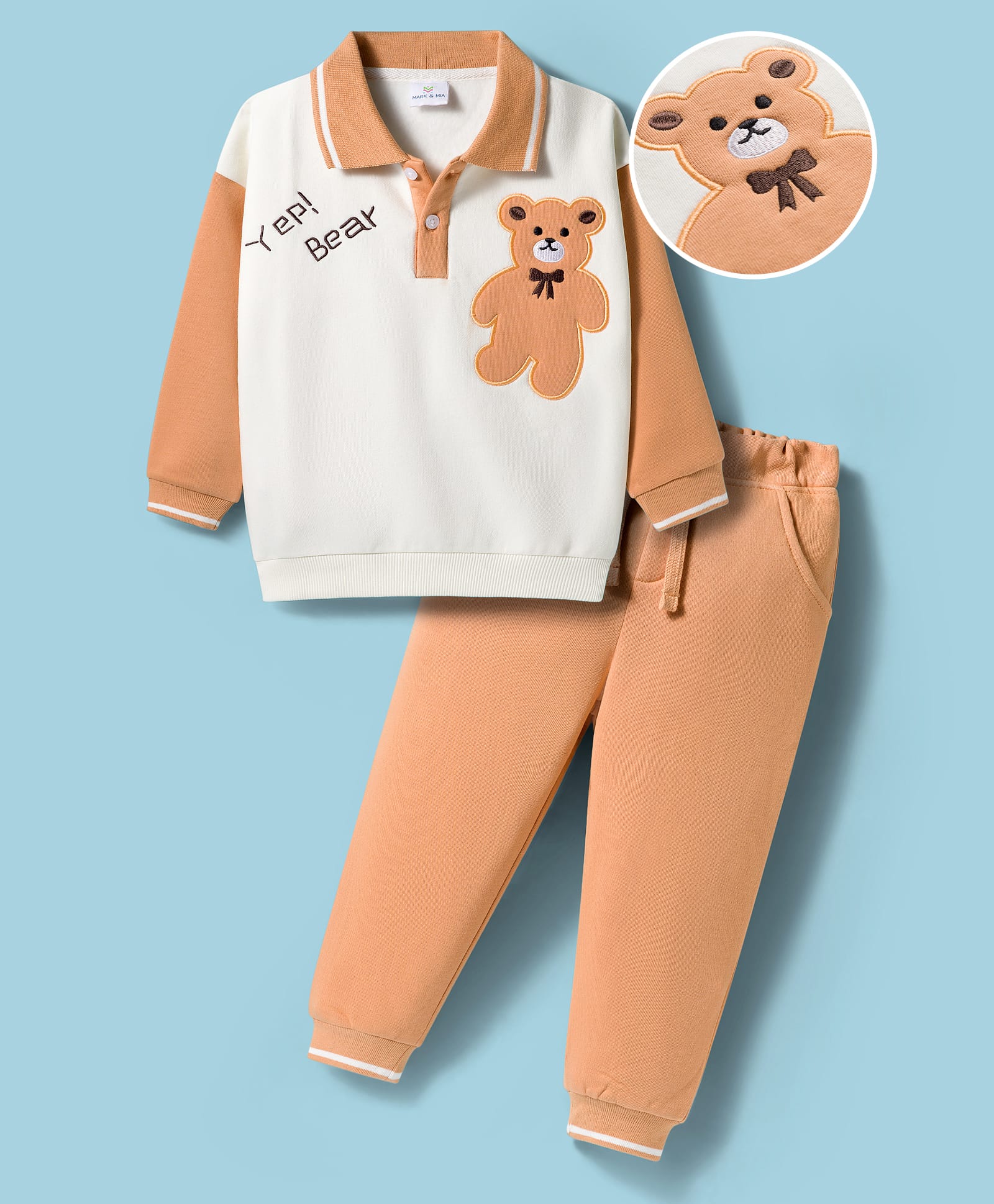 Mark & Mia Fleece Knit Full Sleeves Oversize Winter Wear Polo T-Shirt & Joggers Set with Bear Applique Print Collar & Tipping Rib Detailing - Peach & White-image-20