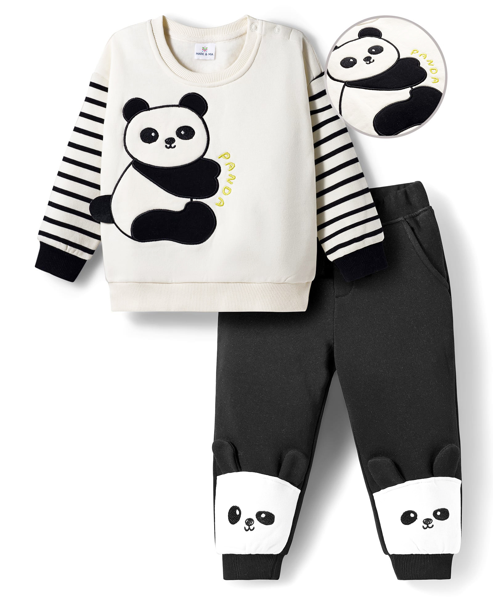 Mark & Mia Fleece Knit Full Sleeves Oversize Winter Wear T-Shirt & Joggers Set with Stripes & Panda Print - Black & White-picture-13