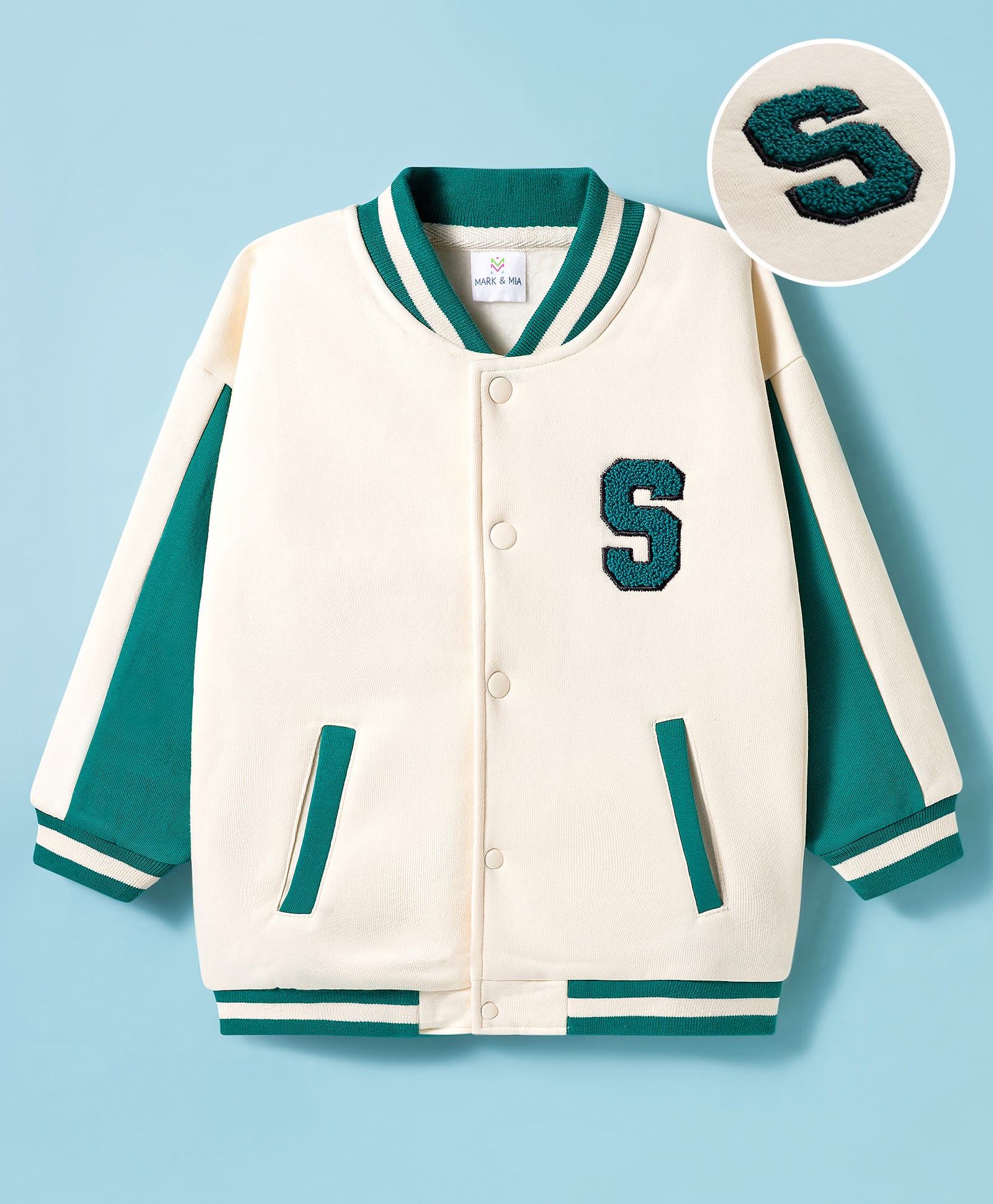 Mark & Mia Knit Full Sleeves Oversized Fleece Bomber Jacket with Towel Embroidery & Tipping Rib Detailing - Multicolor-picture-20