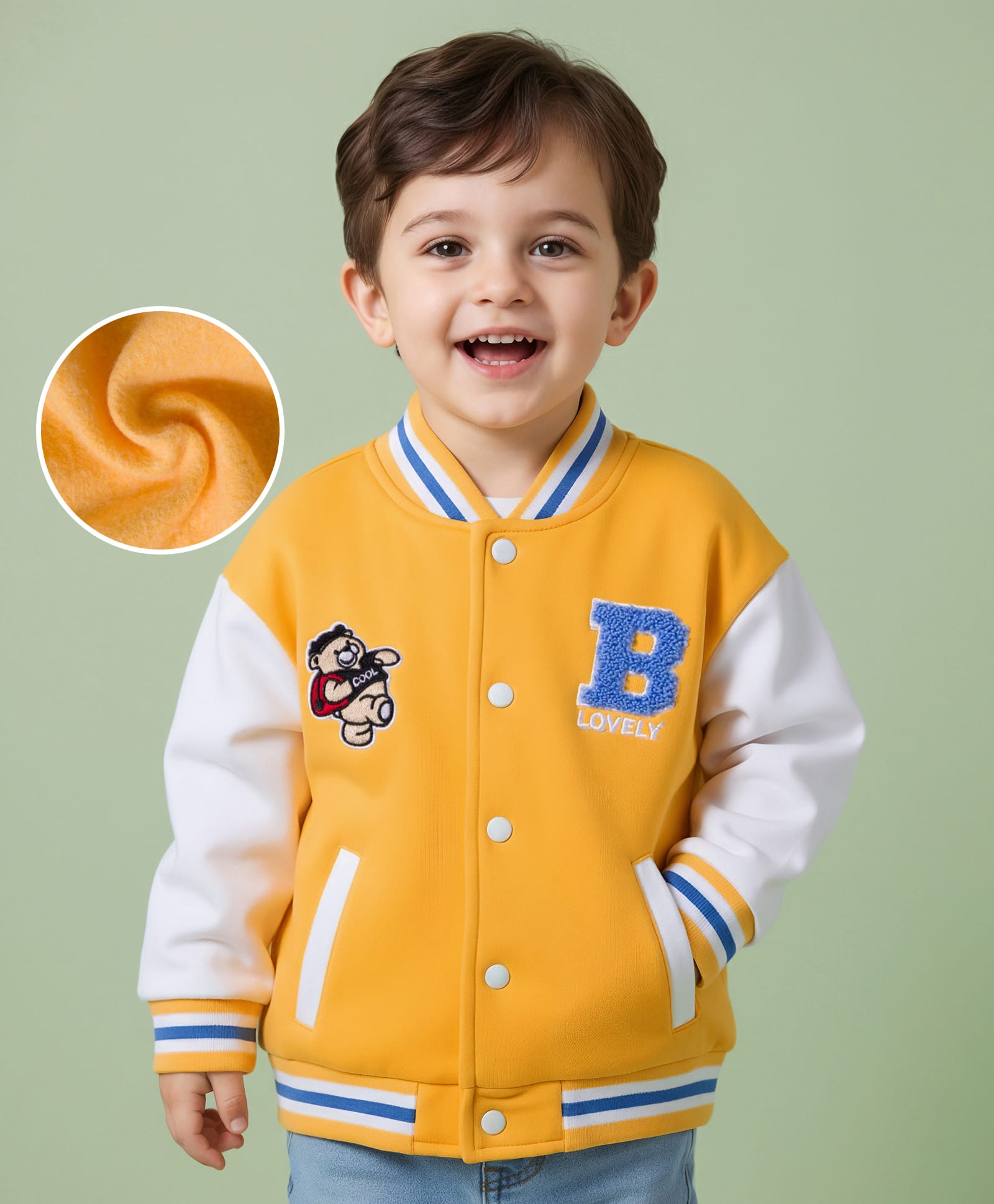 Mark & Mia Knit Full Sleeves Oversized Fleece Bomber Jacket with Towel Embroidery & Tipping Rib Detailing - Yellow-image-16