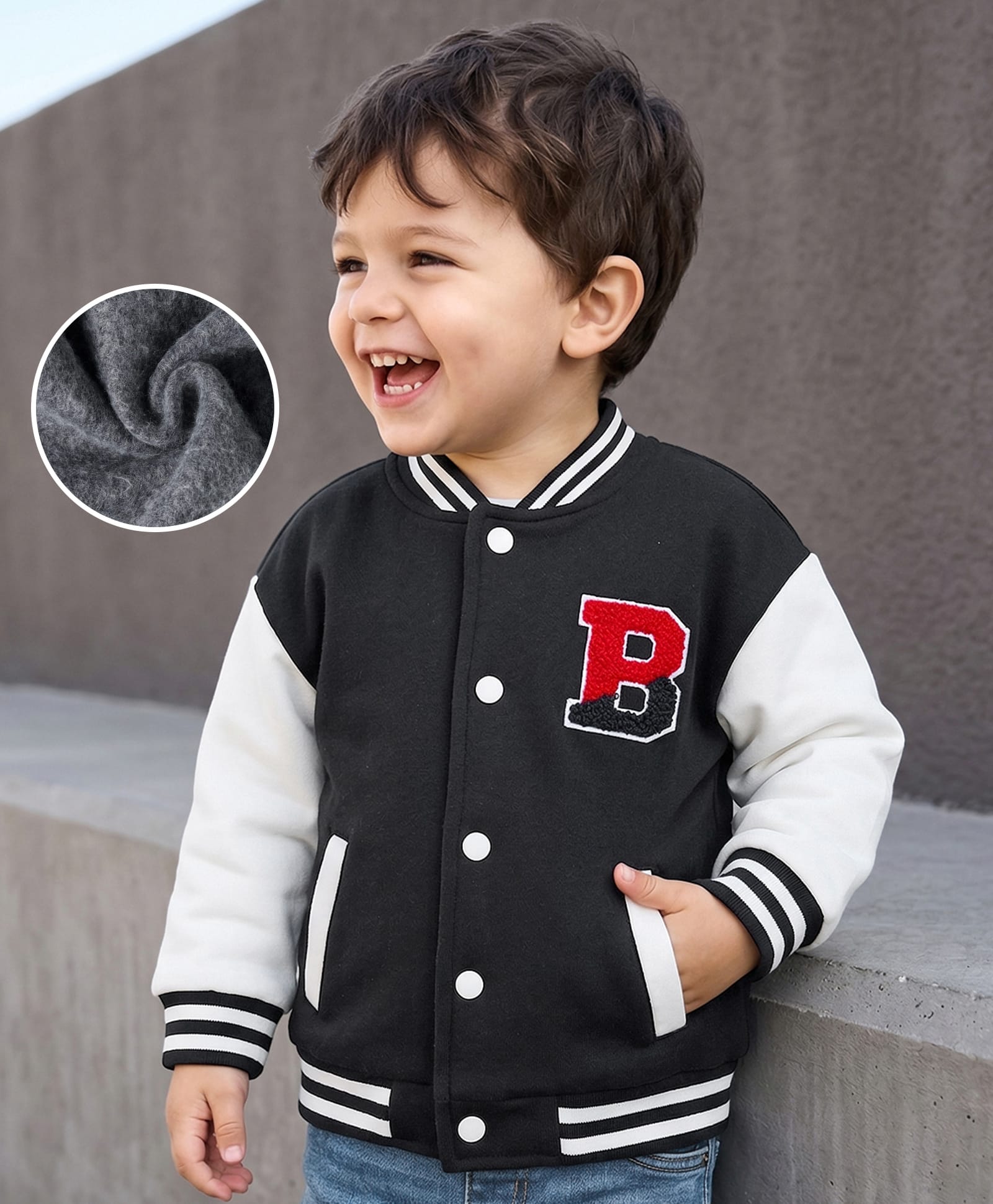 Mark & Mia Knit Full Sleeves Oversized Fleece Bomber Jacket with Towel Embroidery & Tipping Rib Detailing - Black-picture-11