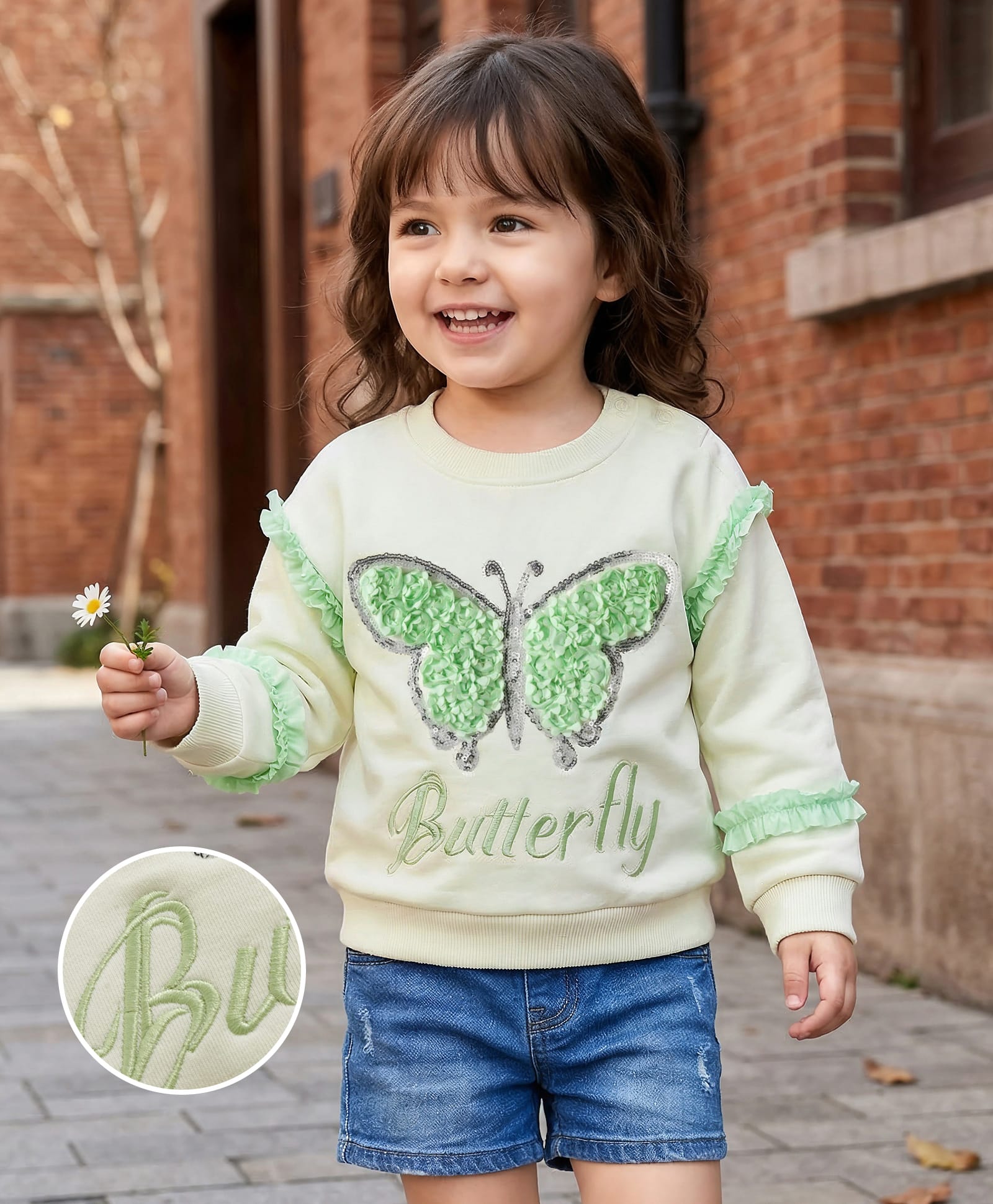 Mark & Mia Fleece Knit Full Sleeves Oversized Sweatshirt with Butterfly Sequin Embroidery & Frill Detailing - Green & Cream-image-9