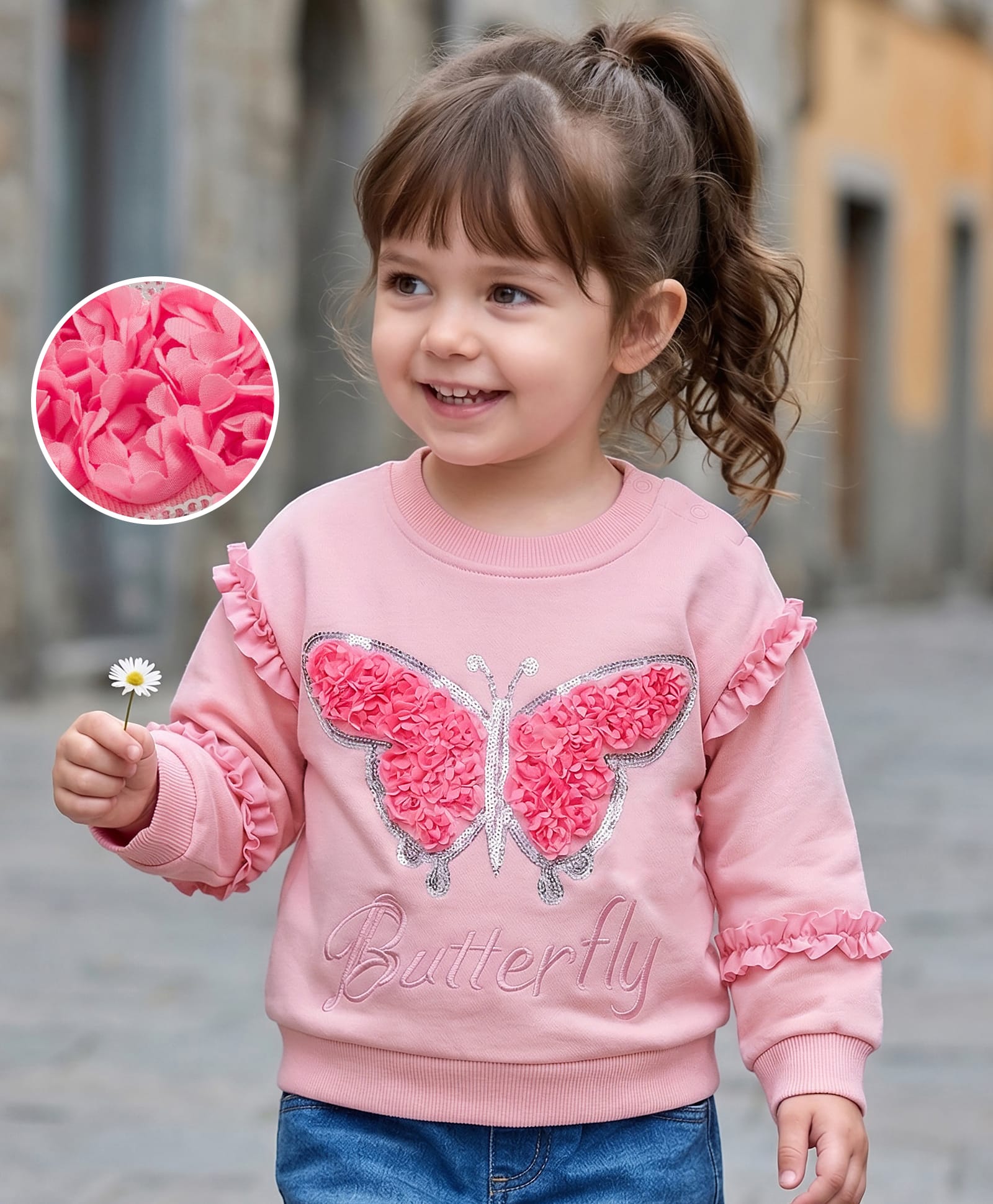 Mark & Mia Fleece Knit Full Sleeves Oversized Sweatshirt With Butterfly Sequins Embroidery & Frill Detailing - Pink-image-32