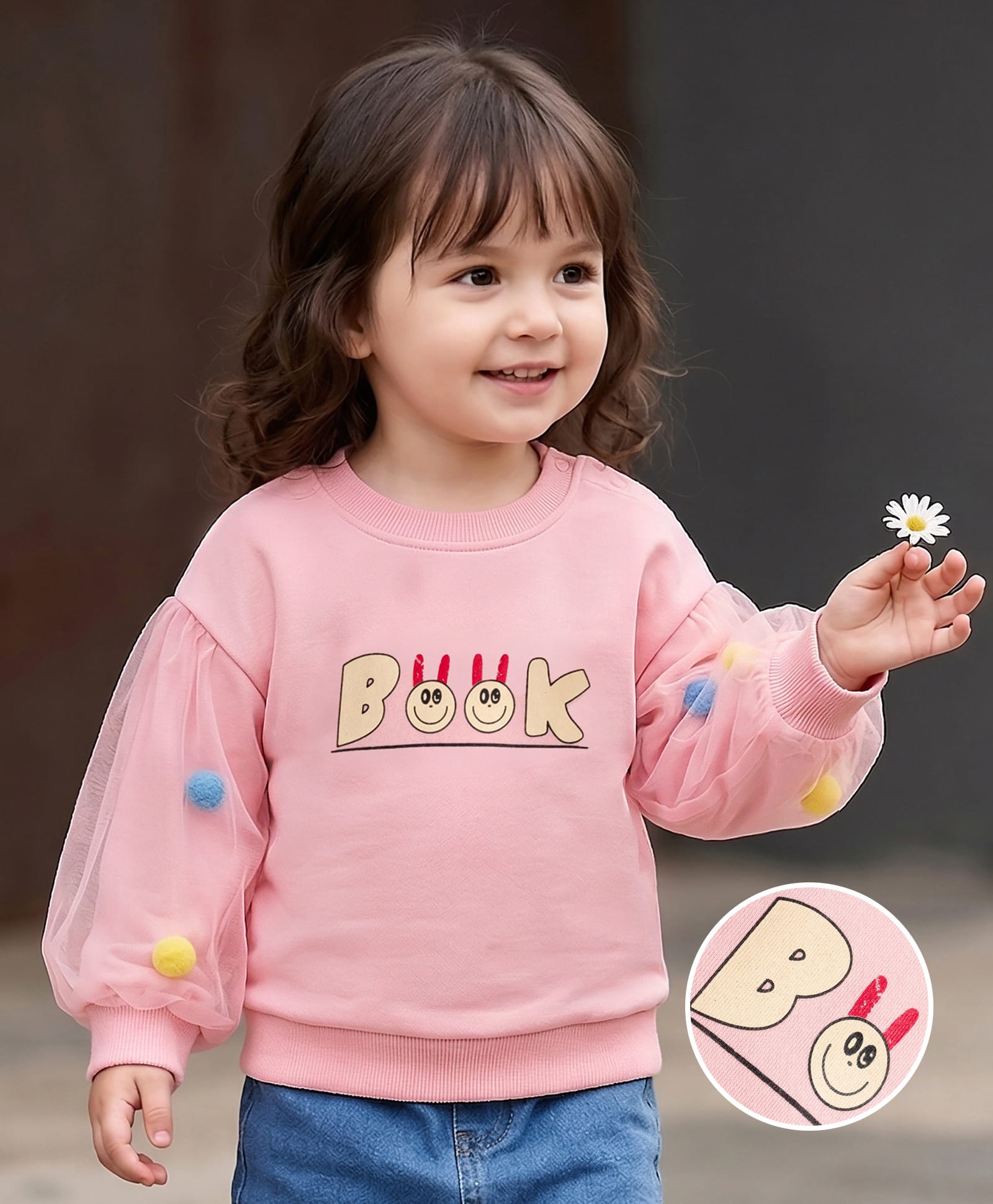 Mark & Mia Fleece Knit Full Sleeves Oversized Sweatshirt with Text Graphic & Pom Pom Detailing - Pink-image-10