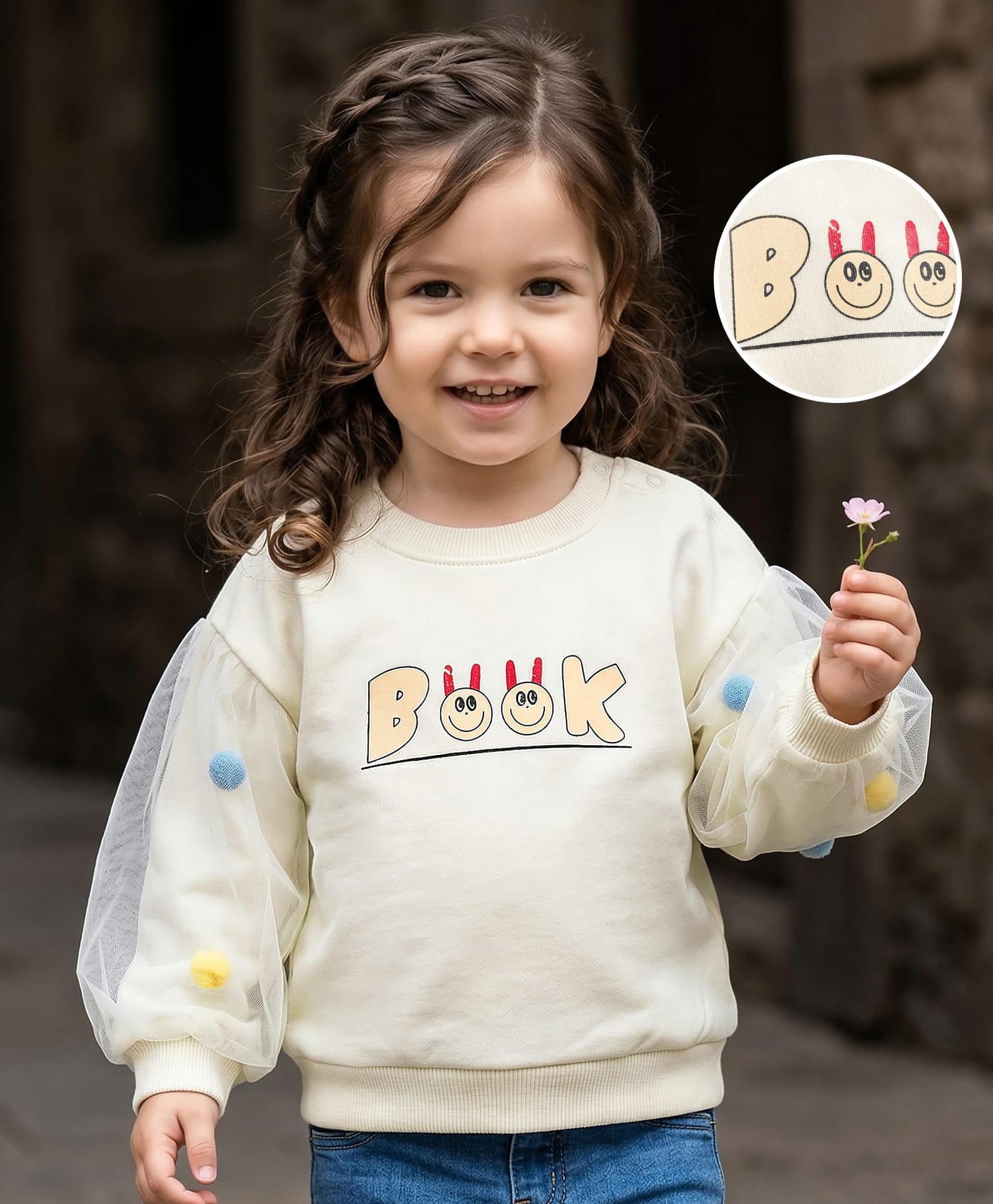 Mark & Mia Fleece Knit Full Sleeves Oversized Sweatshirt with Text Graphic & Pom Pom Detailing - Cream-image-20