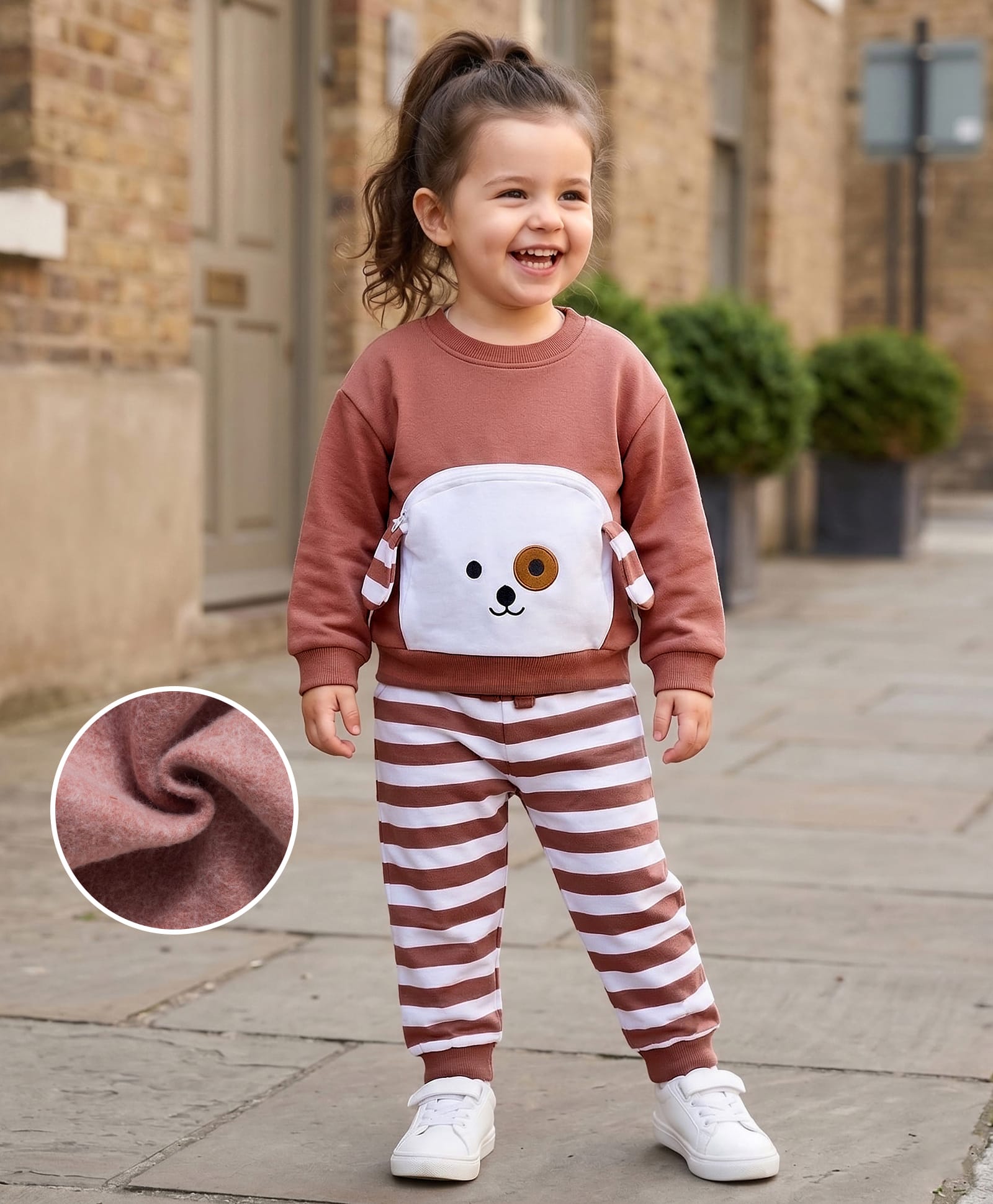 Mark & Mia Fleece Knit Full Sleeve Oversize Winter Wear T-Shirt & Joggers Set with Stripes Pocket Applique & Ear Detailing - Rose Gold-image-9