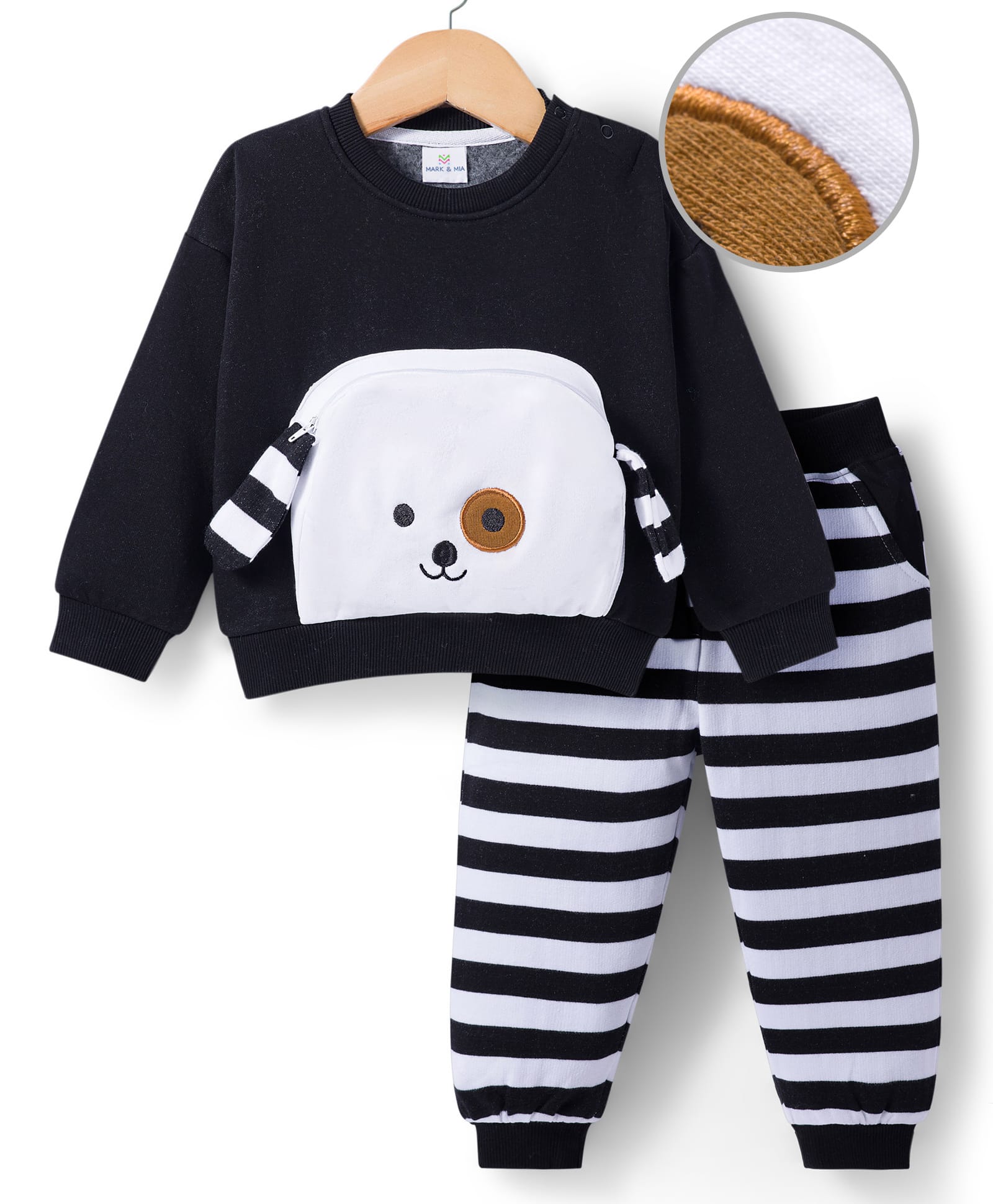 Mark & Mia Fleece Knit Full Sleeve Oversize Winter Wear T-Shirt & Joggers Set with Stripes Pocket Applique & Ear Detailing - Black-picture-19