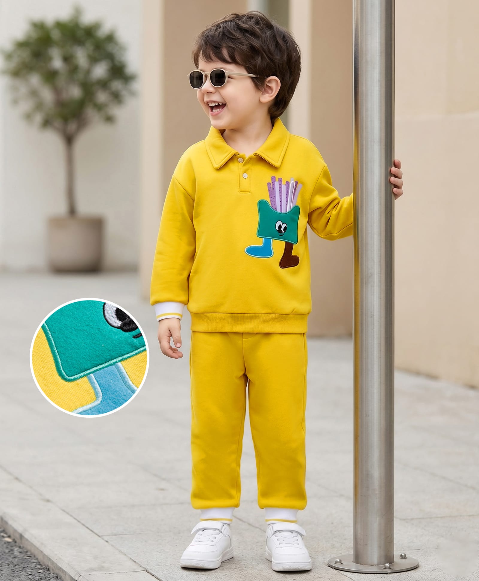 Mark & Mia Knit Full Sleeves Fleece Winter Wear Oversized T-Shirt & Lounge Pant Set With Pocket Applique - Yellow-picture-36