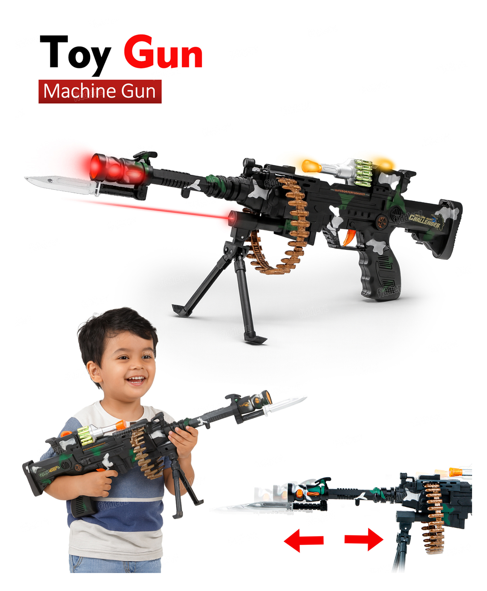 Fiddlerz Combat Gun Toy for Kids Battery Operated Shooting Rifle with Rotating Bullet Belt Tripod Sling Barrel Realistic Army Toy Gun for Boys and Girls Age 3+ Multicolor-image-45