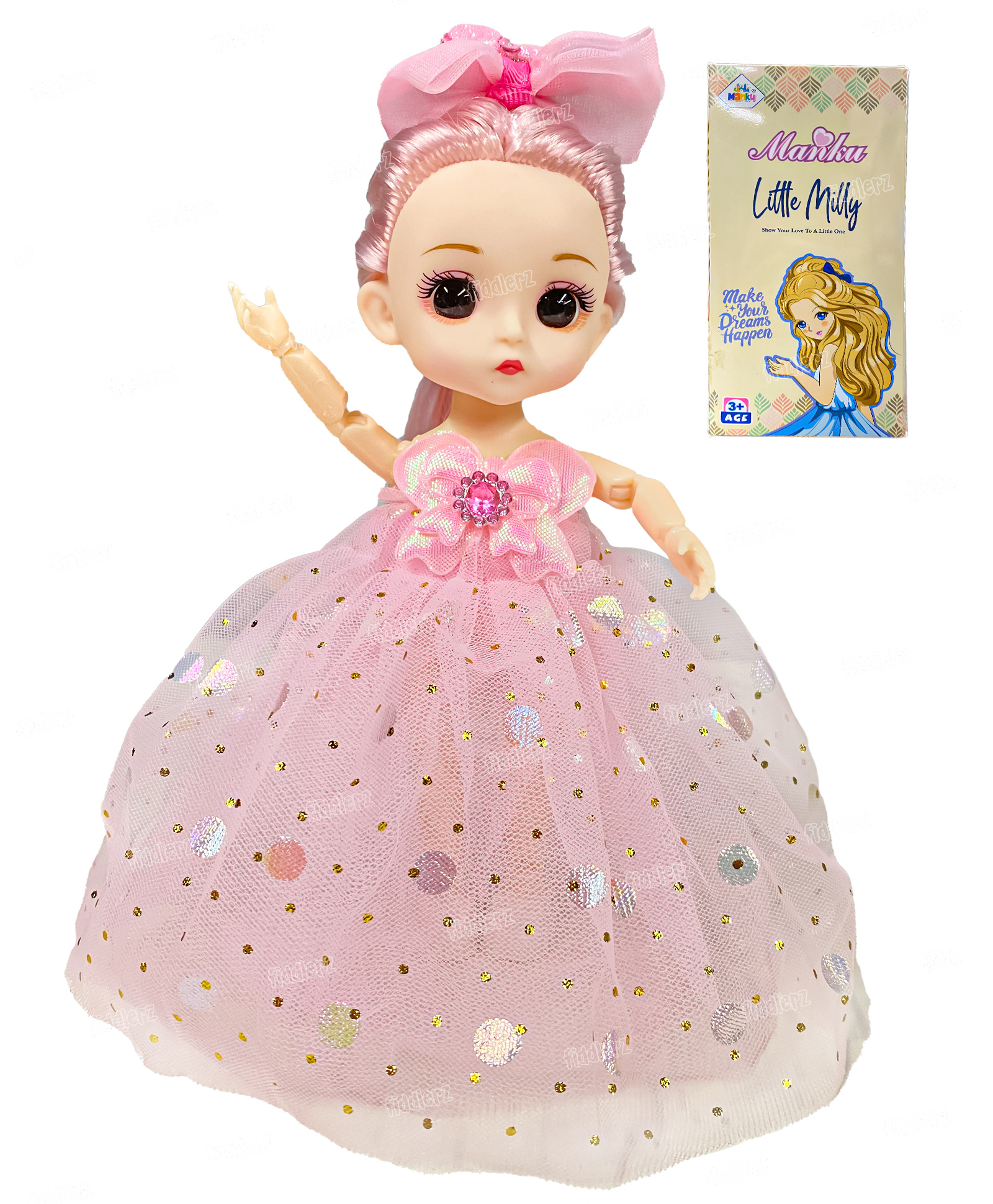 Fiddlerz Doll Toy for Girls Moveable Doll with Beautiful Dress Companion Giftable Toy for Girls Princess Doll Collectible Figurine for Kids 3+ Years (Pink) Length 19.3 cm-image-3