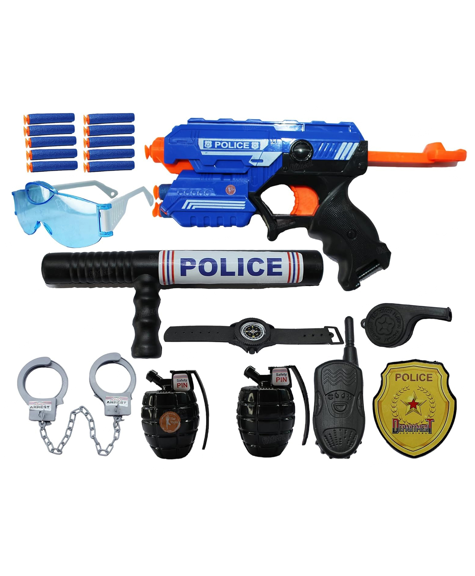 Fiddlerz Police Force Pretend Playset with Soft Bullet Toy Gun Handcuffs Baton Walkie Talkie Badge Safety Glasses Watch Grenades and Accessories for Kids Age 3+ Multicolor-image-44