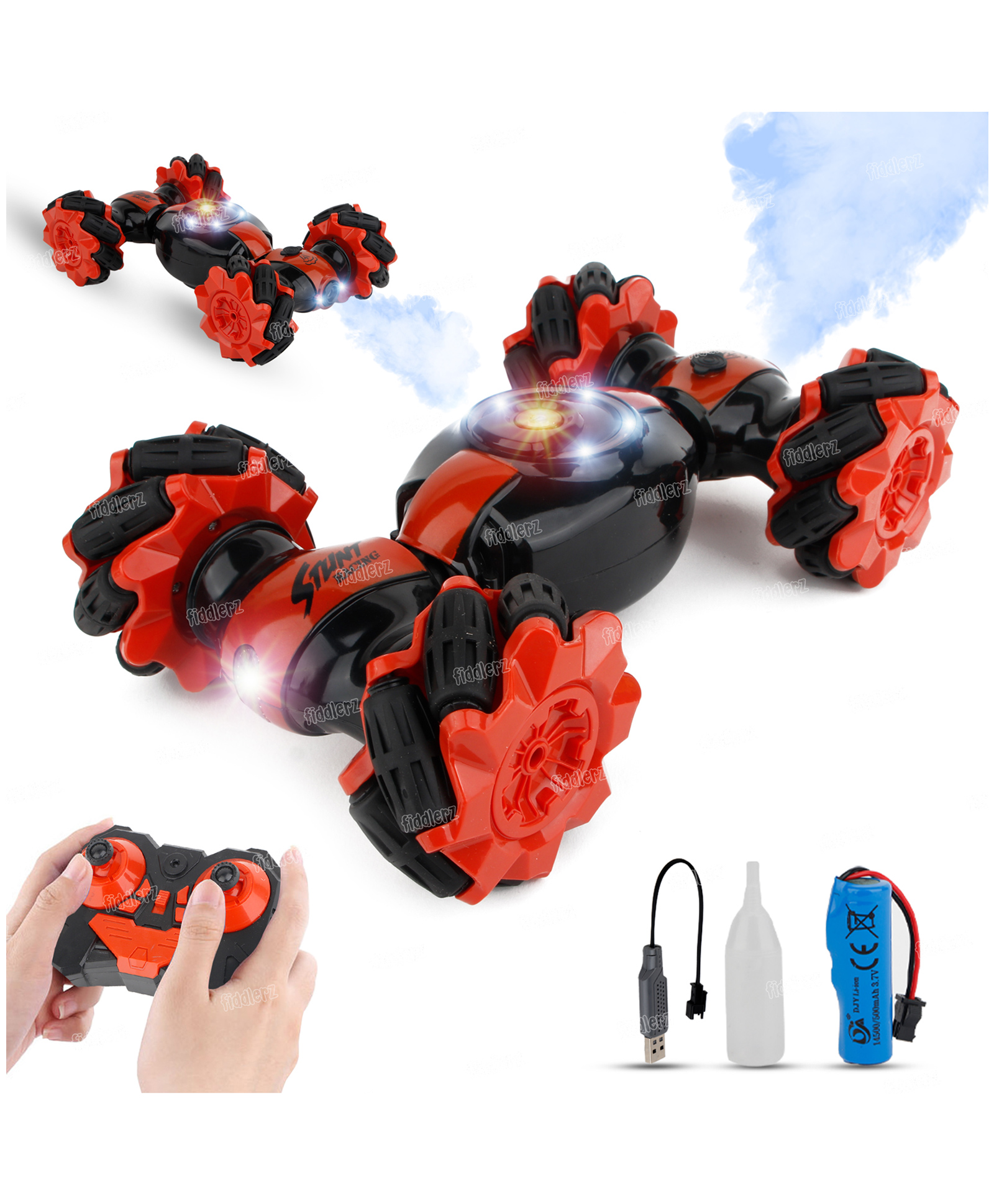 Fiddlerz Remote Control Car with Mist Spray and Lights RC Stunt Car 4WD Double Sided Driving Off Road Vehicle 360° Flips - Red-picture-16