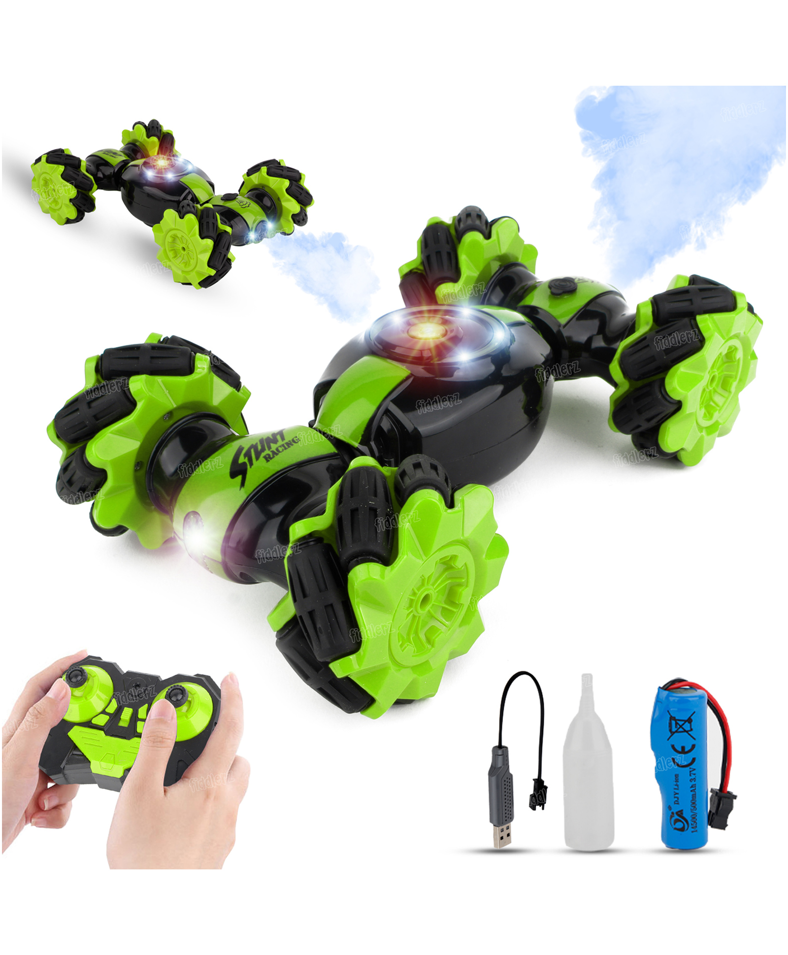 Fiddlerz Remote Control Car with Mist Spray and Lights RC Stunt Car 4WD Double Sided Driving Off Road Vehicle 360° Flips - Green-picture-17