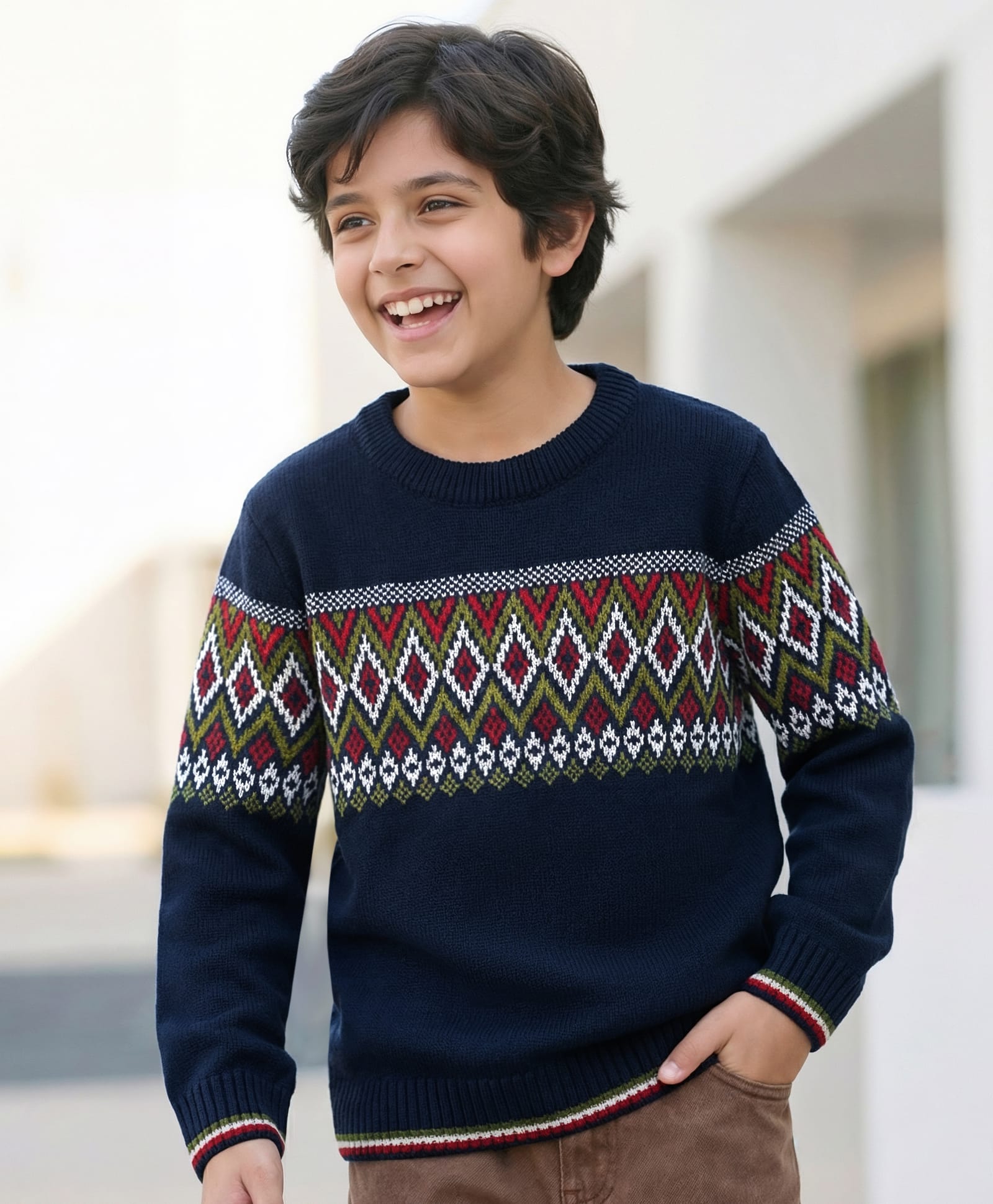 Pine Kids Knit Full Sleeves Pullover Sweater with Zig Zag Design - Navy Blue-picture-36