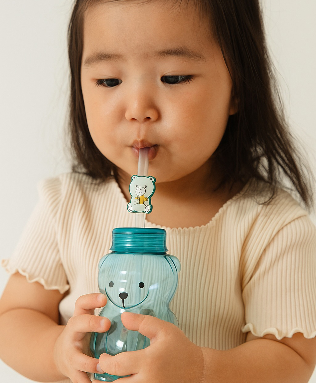 SANJARY Bpa Free Plastic Teddy Shaped Water Bottle with Straw 430 ml color may vary-image-3