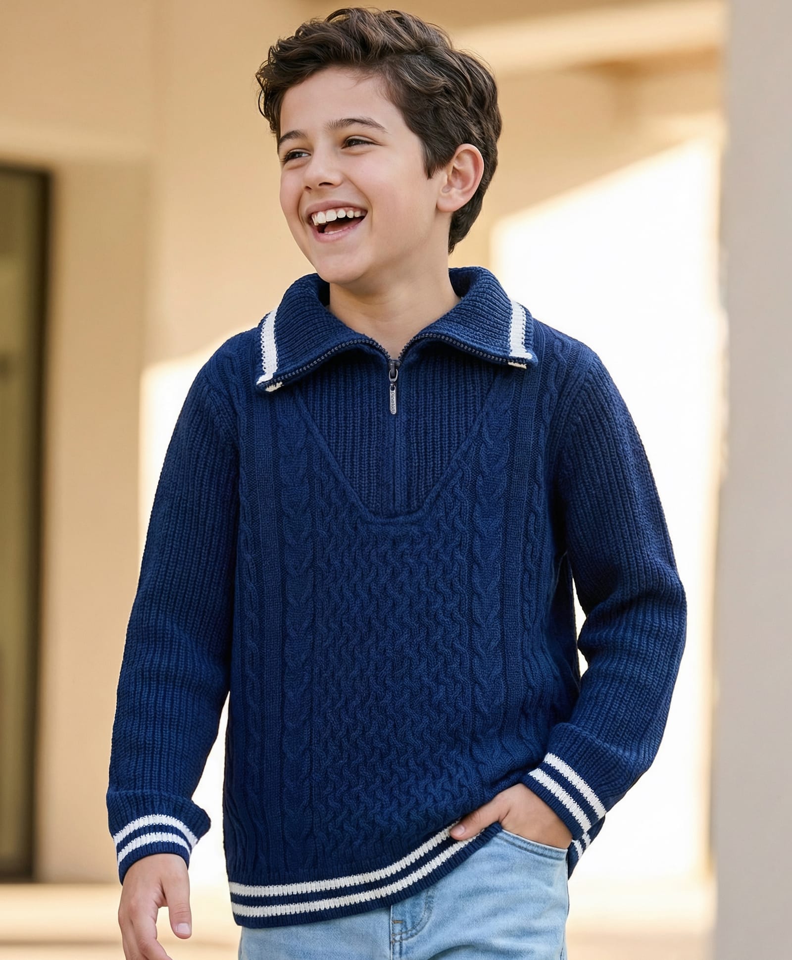 Pine Kids Knit Full Sleeves Pullover Sweater with Cable Knit Design - Navy Blue-picture-38