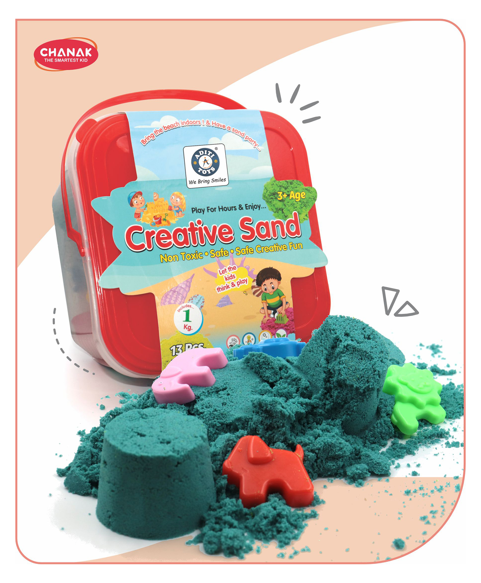 Aditi Toys 1kg Creative Sand Box For Kids, Sand Kit With 5 Large Molds & 8 Small Molds, Non-Toxic And Stain Free Sand For Kids For Indoor And Outdoor Kid Activity, Suitable For Kids Above 3 Years