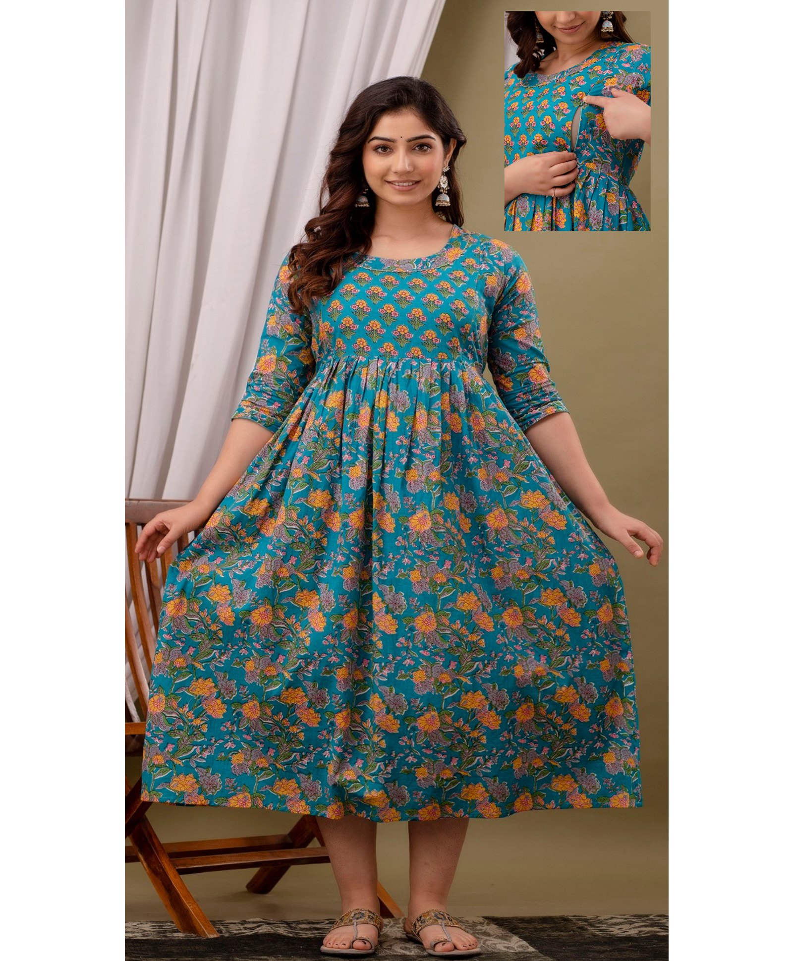 NEVISHA STYLE Cotton Woven Three Fourth Sleeves Floral Printed Maternity Dress With Side Seam Nursing Access - Sea Green-picture-14